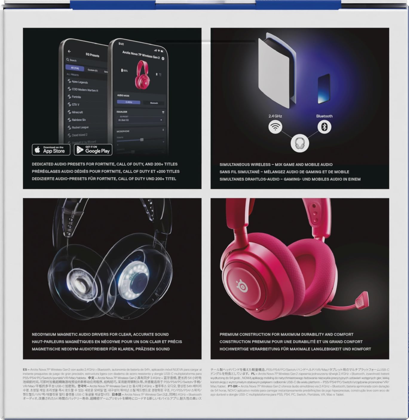 SteelSeries Arctis Nova 7P Wireless Gen 2 do gier -sterowanie aplikacją w czasie rzeczywistym - 50H + -przetworniki magnetyczne z magnesem neodymowym -miks 2,4 GHz/Bluetooth -PS5,PC, Switch 1/2,mobile