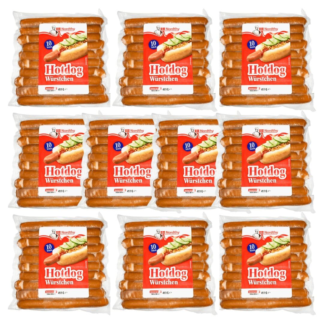 Nordthy Hotdog Würstchen 100 Stück – 10x 413g im Vorratspack – Dänische Original-Würstchen – für Hotdogs & Grill – Bockwurst Art –