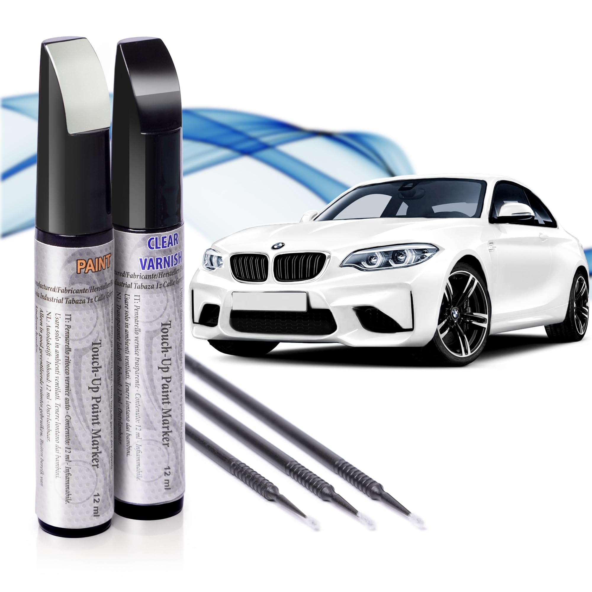 Reparador de Arañazos para Coche, Lápiz de Retoque para Automóvil, Bolígrafo Reparaarañazos, Rotulador de Reparación, 2 Piezas de Pintura de Retoque BMW (300 BLANCO ALPINO) con Base + Laca.