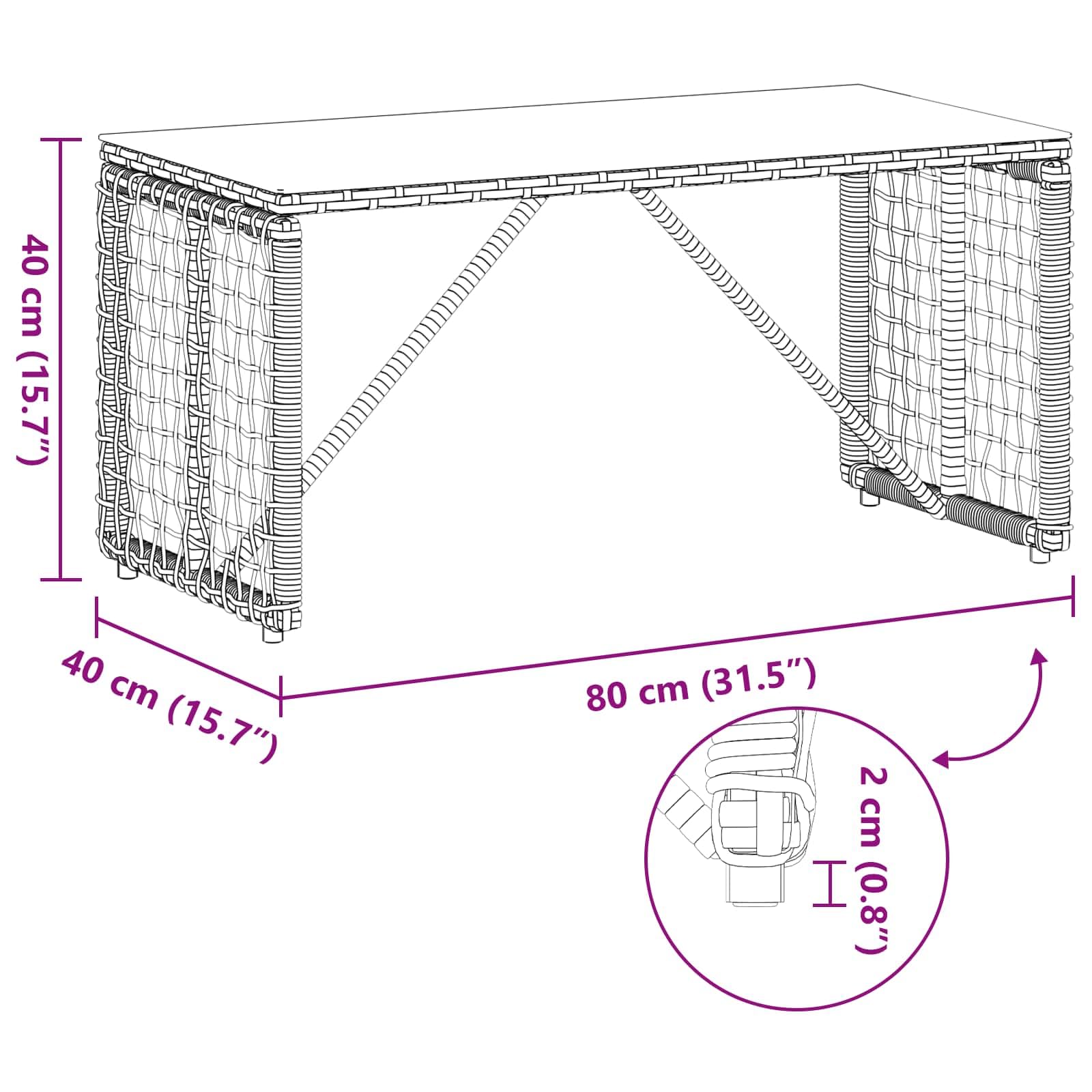 Tavolo da giardino, terrazza, balcone, in rattan sintetico e vetro, 80 x 40 x 40 cm, resistente alle intemperie, per giardino, terrazza, balcone, look rustico per cene e caffè all'aperto