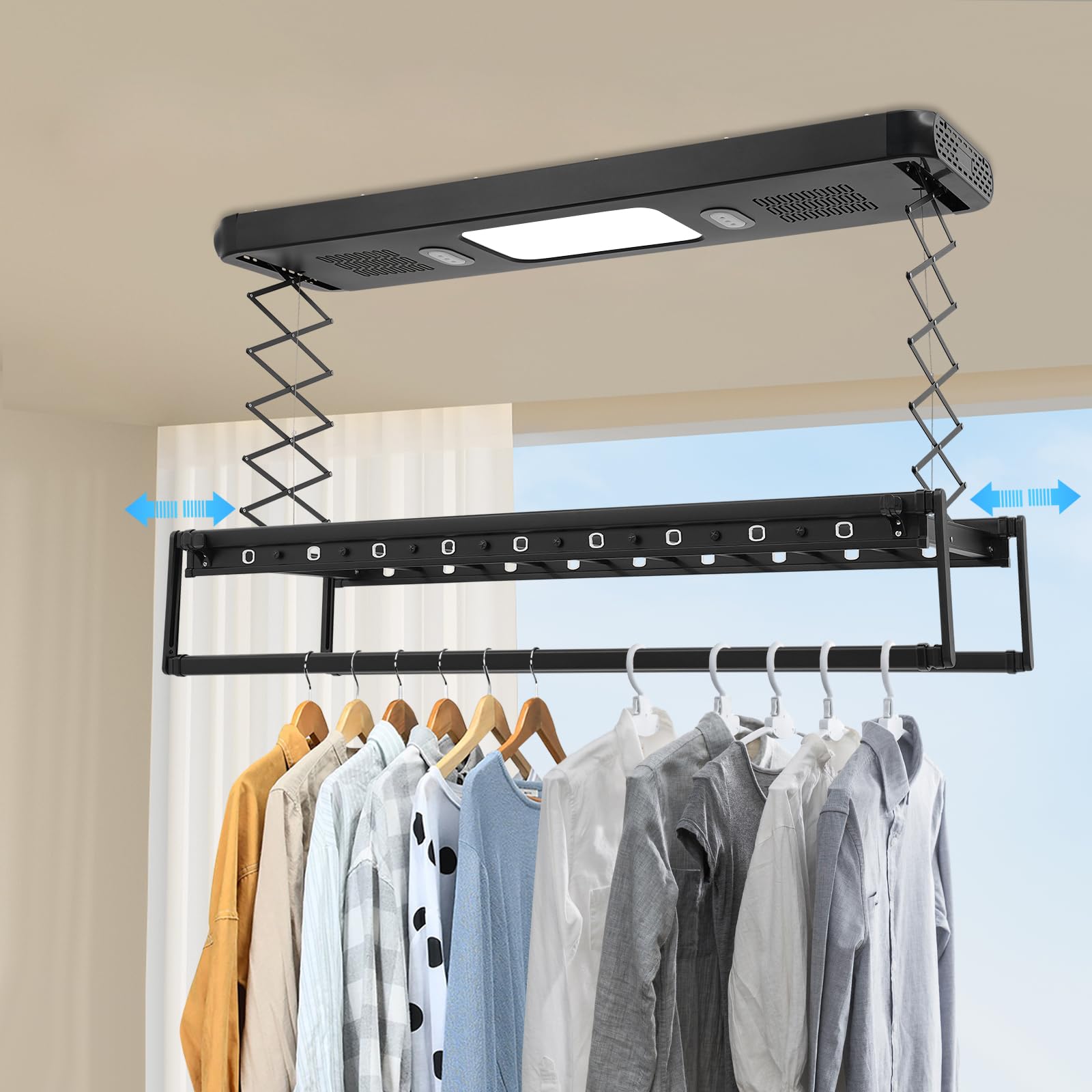 Stendibiancheria elettrica,Stendibiancheria sollevante con telecomando e illuminazione a LED, funzione di sterilizzazione e asciugatura a luce blu, lunghezza/altezza regolabile