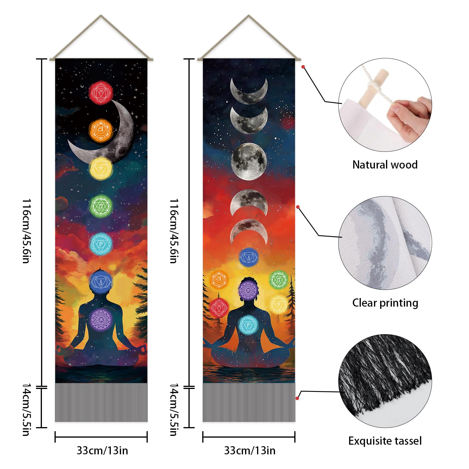 SUPERDANT Arazzo Dei Sette Chakra Meditazione Tappezzeria Da Parete Fasi Lunari Decorazione 2 Tappeti Lunghi Con Frange Per Soggiorno Camera Da Letto Yoga 130x33 cm