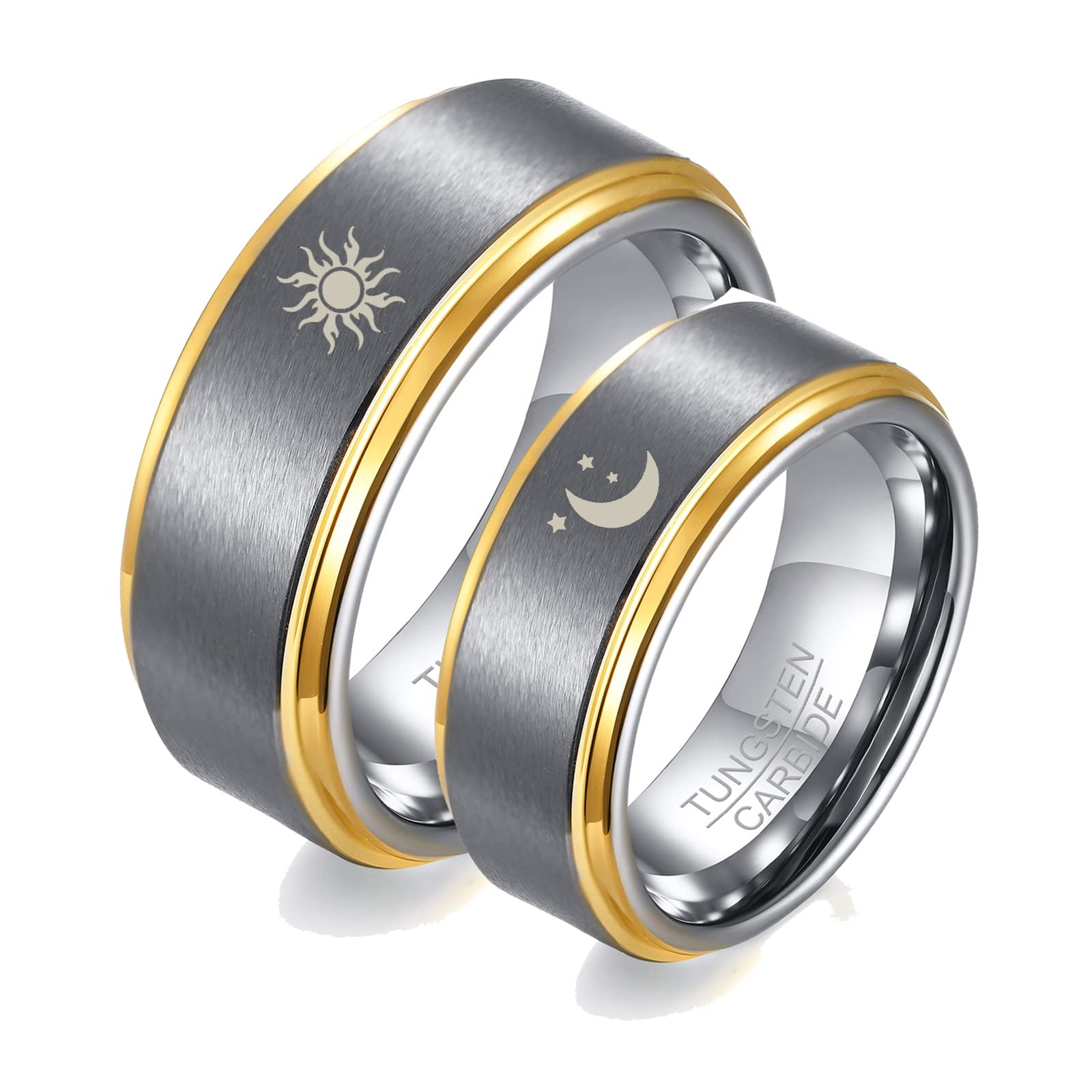Gualiy Bague Mariage Tungstène Couple 8MM Lune et Soleil Bagues Mariage Homme Taille 54-67