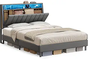VASAGLE LED Bed Frame Full Size, Storage Headboard and Charging Station, Full Bed Frame with 2 AC Outlets, 1 USB Port, 1 Type-C Port, No Box Spring Needed, Dove Gray and Camel Brown URMB842G01