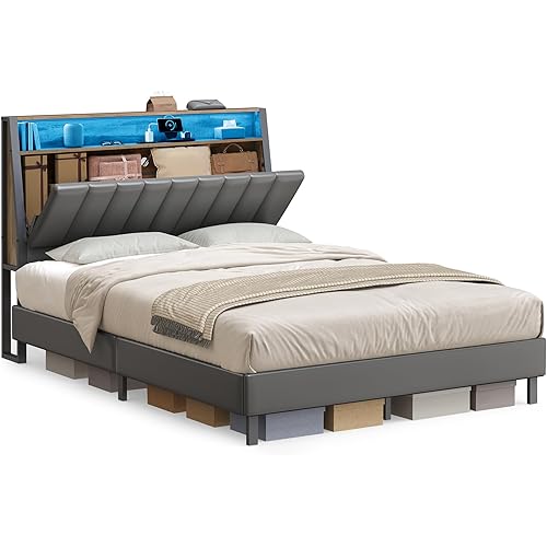 VASAGLE LED Bed Frame Full Size, Storage Headboard and Charging Station, Full Bed Frame with 2 AC Outlets, 1 USB Port, 1 Type-C Port, No Box Spring Needed, Dove Gray and Camel Brown URMB842G01