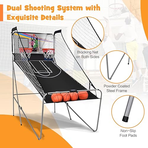 Vista 6 de Goplus Juego de arcada de baloncesto plegable de doble tiro, juego de aro de baloncesto con puntuación electrónica, 8 modos de juego, 4 bolas, Negro