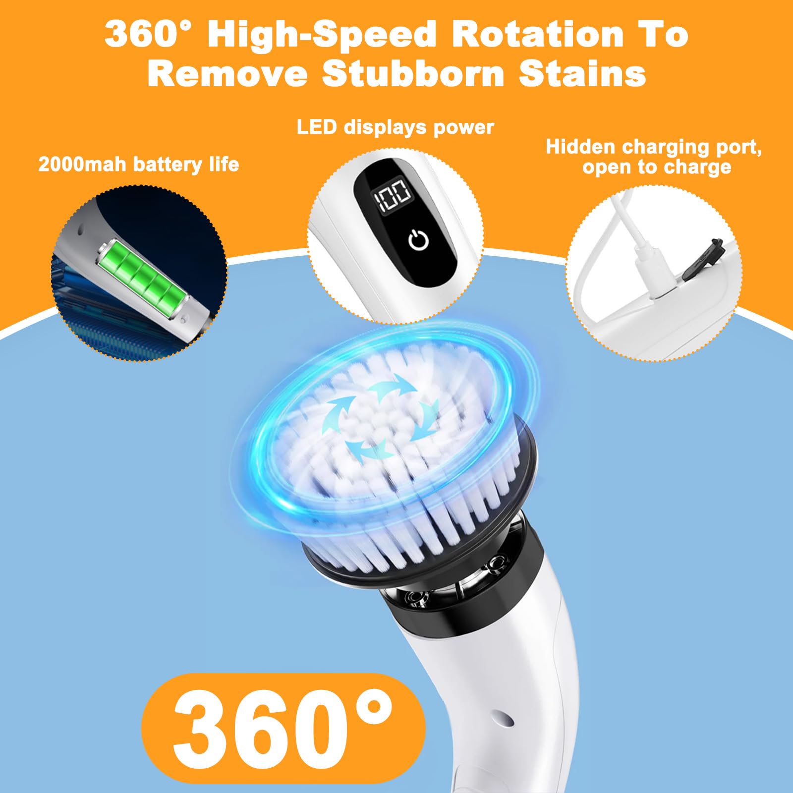 Brosse Rotative Nettoyage Electrique avec 8 Têtes Remplaçables, Brosse sans Fil Poignée Réglable 2 Vitesses, Brosse Douche pour Salle Bain, Sol, Cuisine, Carrelage, Baignoire, Voiture (Blanc)