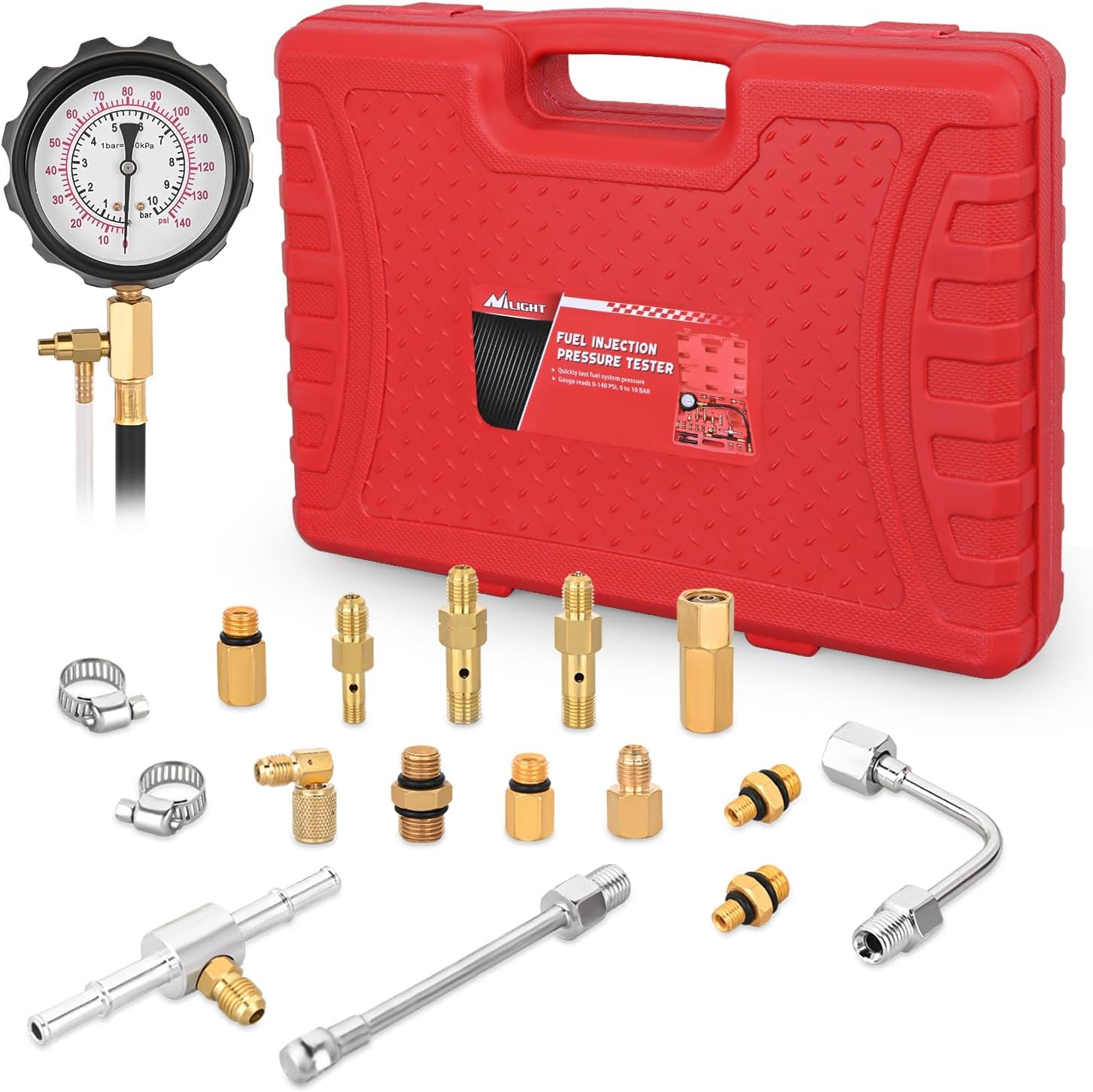 Nilight 燃料圧力計テスターキット、0-140PSI 燃料噴射ポンプ圧力計キット ガソリン圧力診断ツール