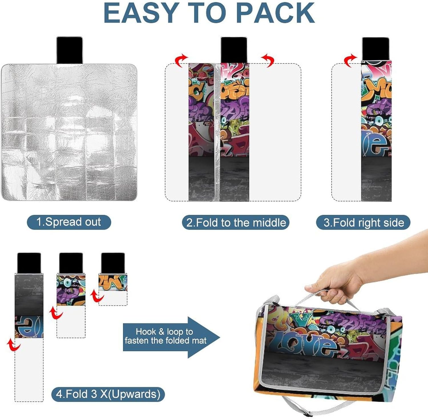 Graffiti Hip Hop Beach Blanket Thickened Foldable Camping Mats Soft Lightweight Beach Pad Square Picnic Blankets with Shoulder Strap for Park Grass Patio Hiking