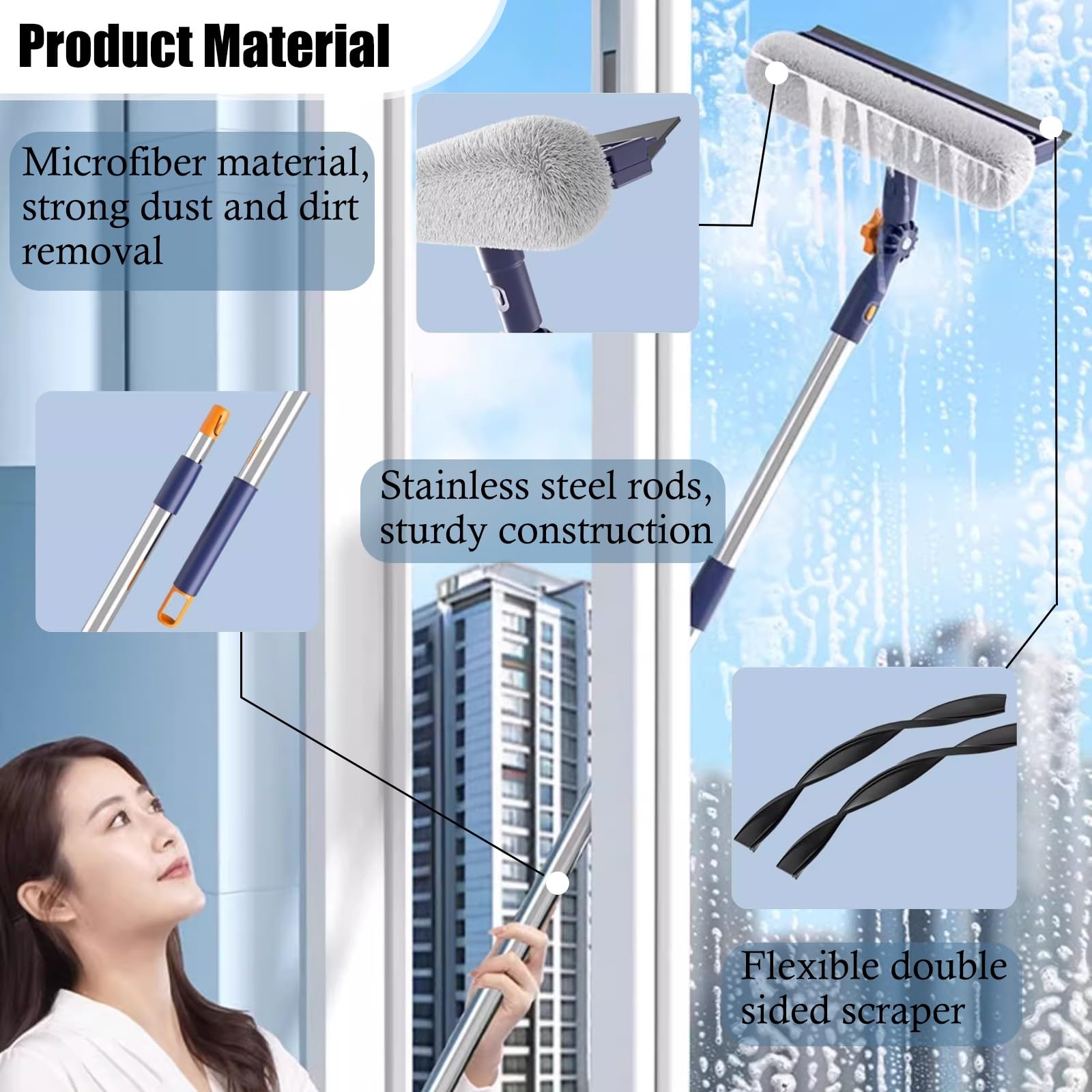 Limpiacristales Limpiador de Ventana Limpieza 47 "y 59" Escobilla De Limpieza De Ventanas Para El Hogar, Kit Limpieza Cristales Doble Cara Para Desempolvar Mesa Ático, Pértiga Pivotante 360° Limpiar V