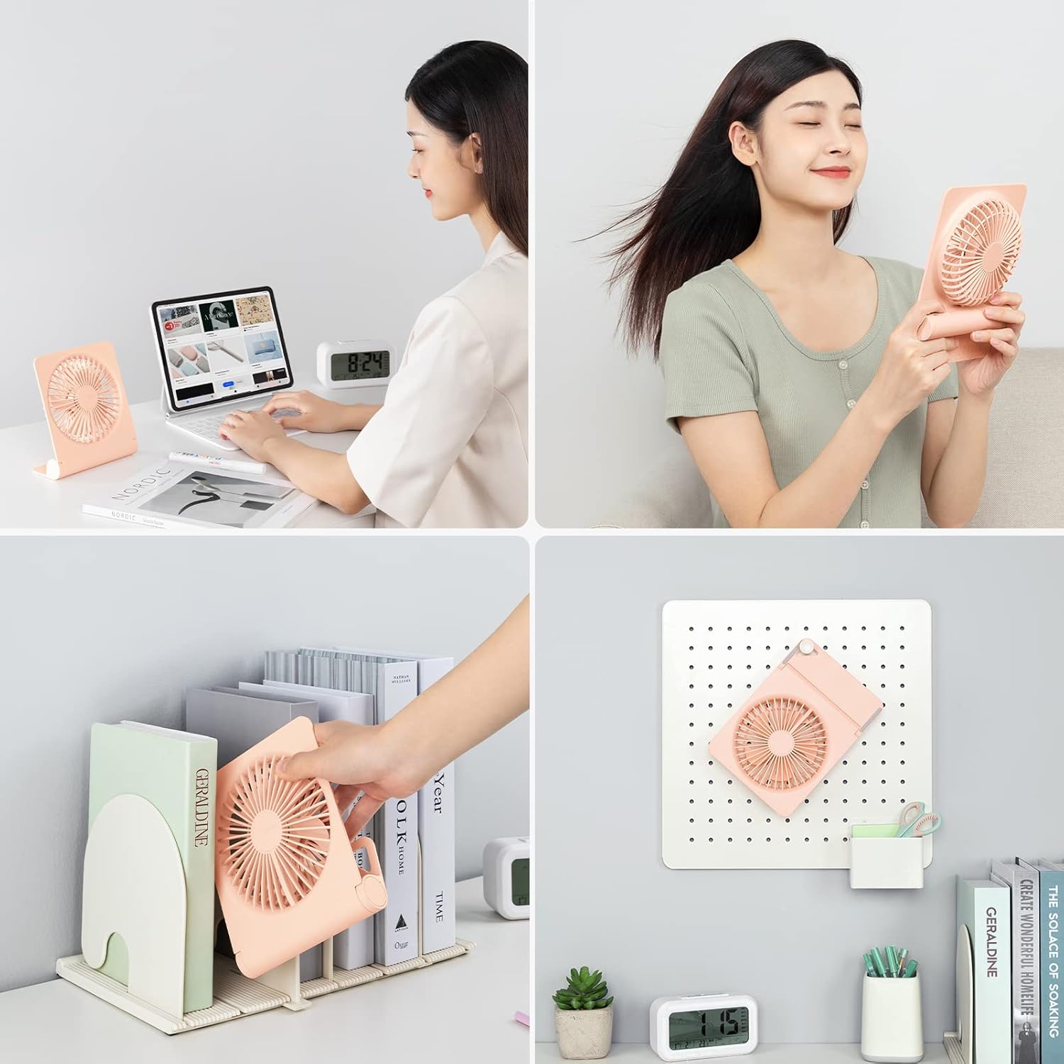 KLUFO Small Desk Fan, Portable USB Rechargeable Fan, 160° Tilt Folding Personal Mini Fan with 4500mAh Battery, Strong Wind, Ultra Quiet, 4 Speed Modes for Office, Home, Camping (Pink)