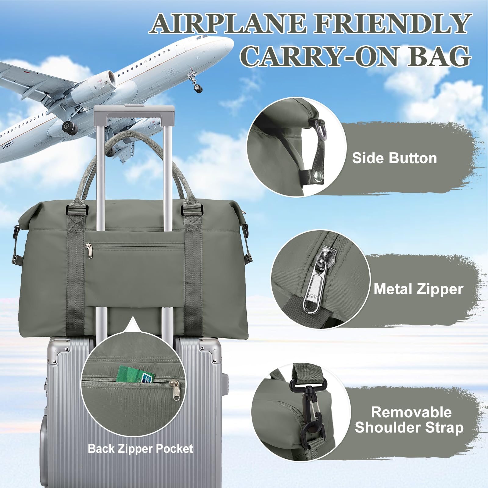 SZLX Ryanair Cabin Bag 40x30x20 Duffel Bag, Ryanair Airlines Cabin Bag 40x20x25 Underseat Foldable Travel Duffel Bag Holdall Tote Carry on Hand Luggage Overnight for Women and Men(Olive Green) — view 6