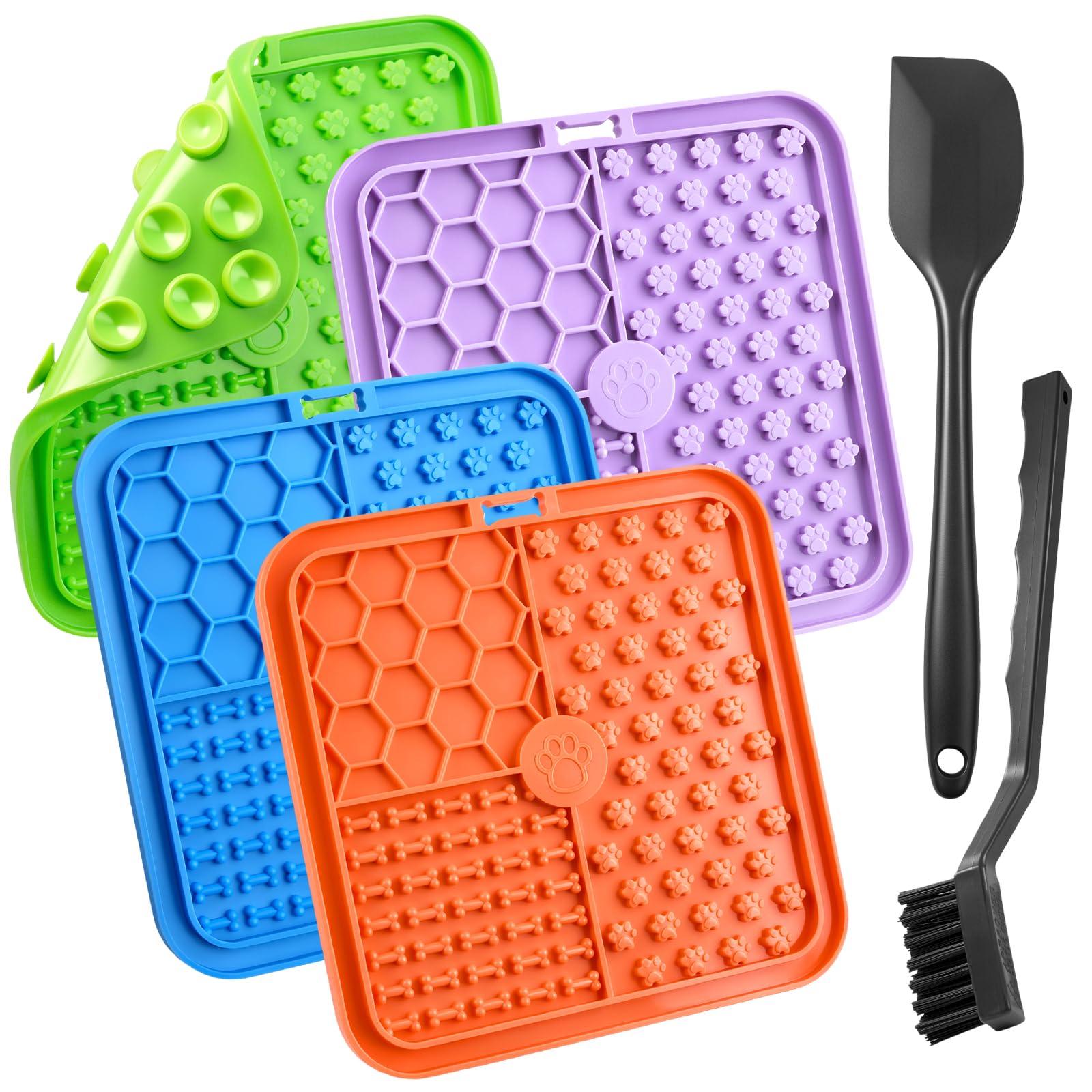 4 Pcs Dog Lick Mats for Dogs Puppy, Licky Mats for Dogs Cats, Silicone Licking Mat with Suction Cups for Anxiety Relief, Puppy Pads, Treat Peanut Butter Lick Pad(6.1x6.69 in),with 1 Brush,1 Scraper