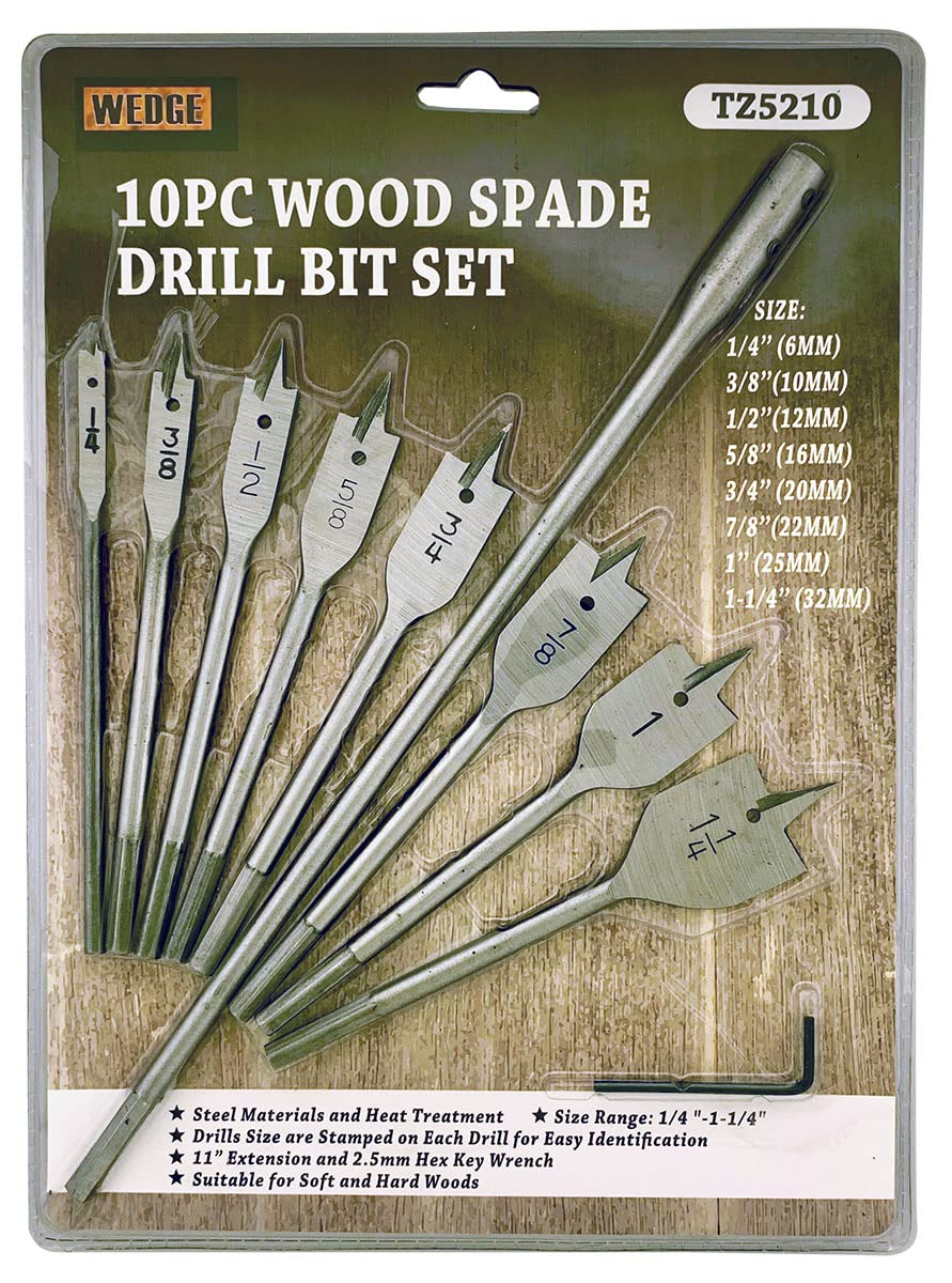 WEDGE 10 Piece Wood Flat Bit Set | 8 Bit Sizes from 1/4