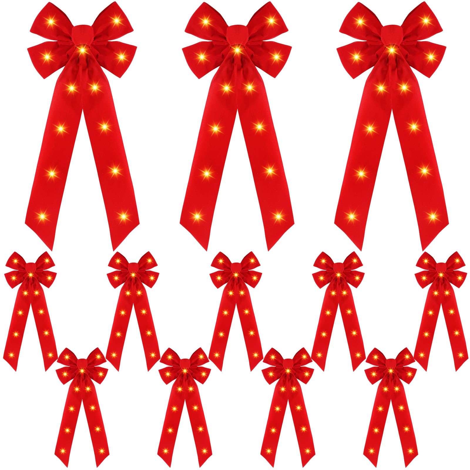Crowye Lot de 12 nœuds de couronne de Noël à LED pour décorations d'extérieur - Nœuds de Noël en velours pour couronnes de Noël - Décoration de Noël (20,3 x 48,3 cm)