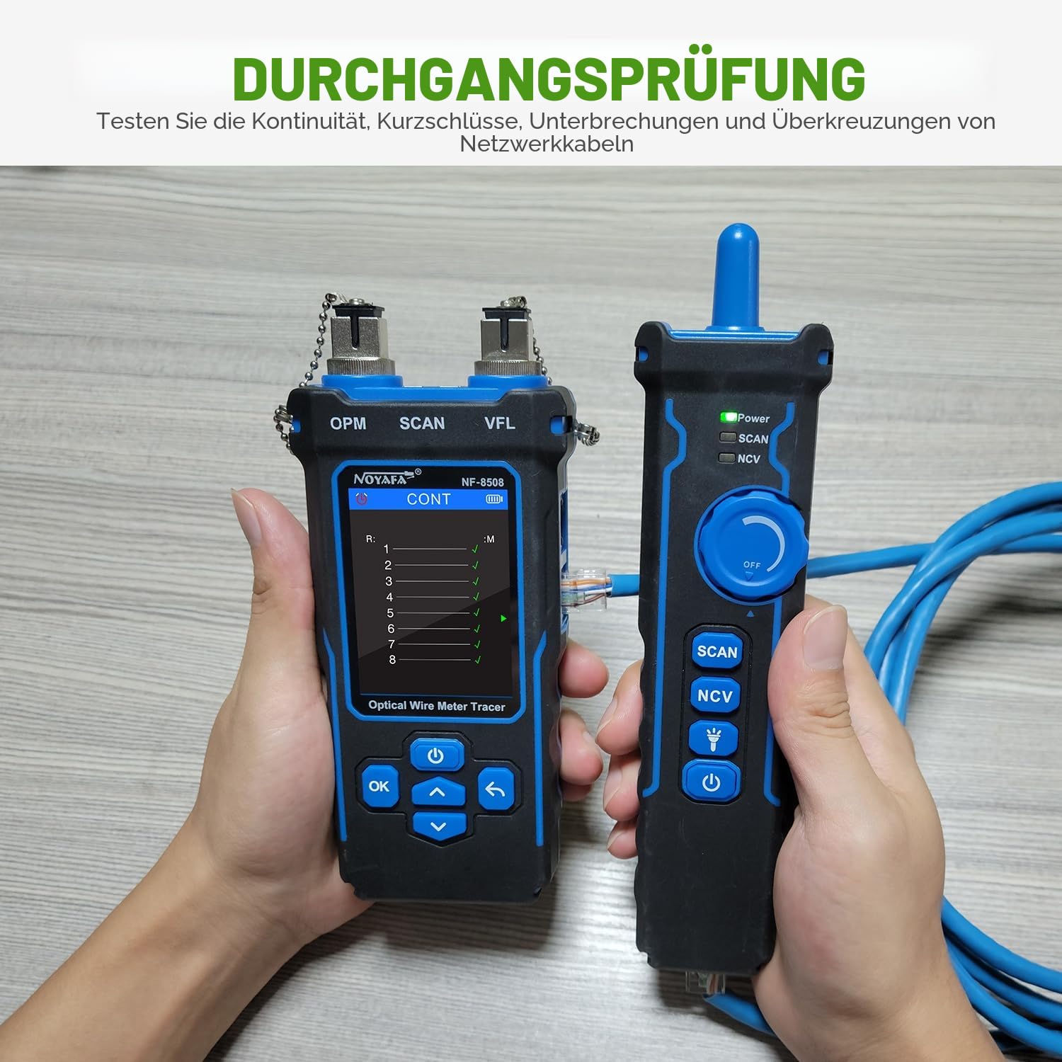 NOYAFA NF-8508 Netzwerkkabeltester mit Optischem Leistungsmesser, Ethernet Kabeltester, RJ45/RJ11 Port Tester, VFL PoE QC Test Kabelprüfer NCV Längentest, Wire Mapping für CAT5/CAT6 Kabel (NF-8508)