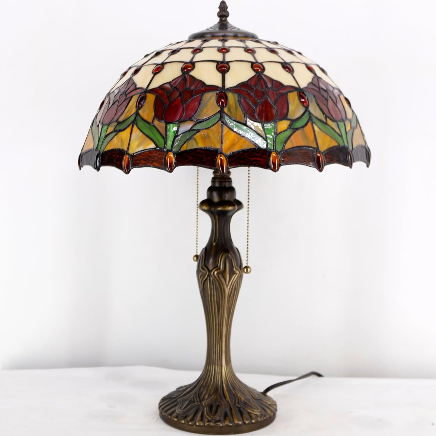 WERFACTORY Tiffany Table Lamp Red Stained Glass Tulip Lamp 16X16X24 Inches Desk Reading Light Metal Base Decor Bedroom Living Room Home Office S030 Series