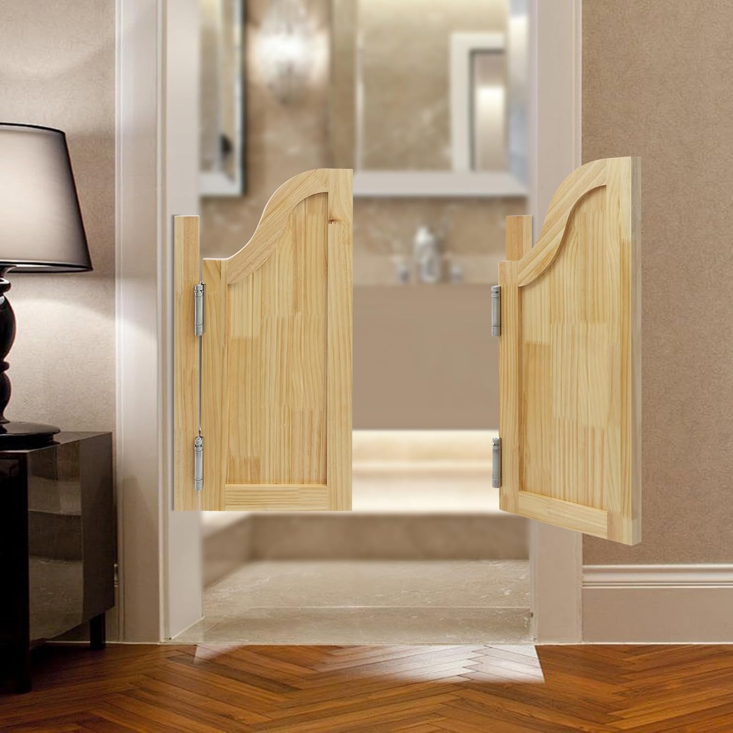 Swinging Doors Premade Interior Doors Thick Pine Wood Cafe Door Arched Top Saloon Door Double Action Door with Hinges for Inside (27.5x27.5in-Wood)