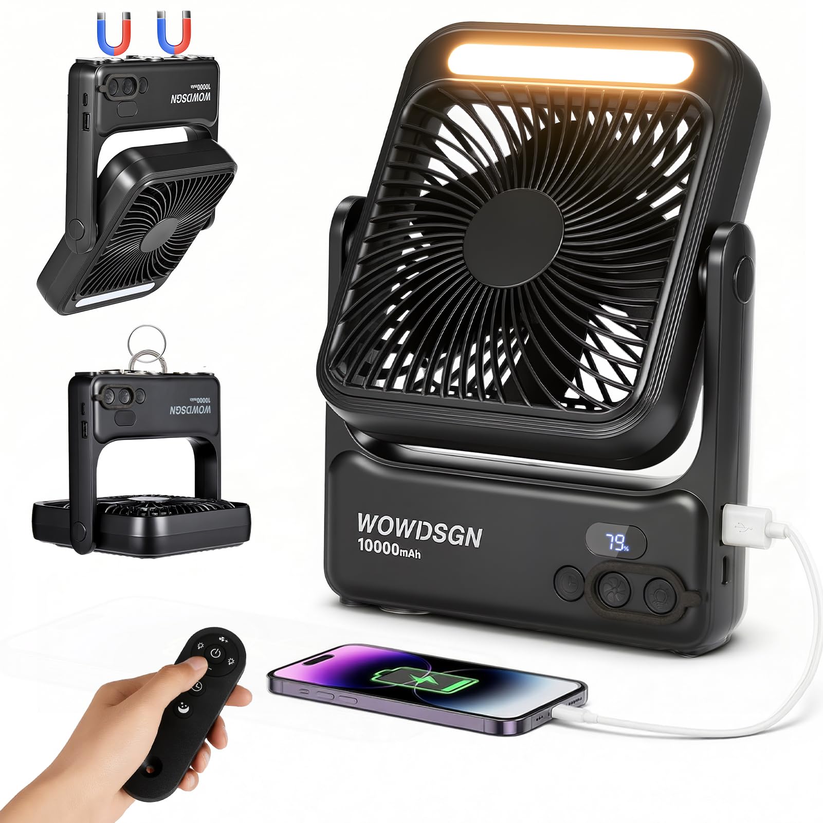 WOWDSGN Ventilator Akku 10000mAh mit Starkem 𝐌𝐚𝐠𝐧𝐞𝐭𝐟𝐮ß, Tischventilator USB mit LED-Nachtlicht & Haken, Powerbank-Funktion, 8-Stunden Timer, für Camping, Wohnmobil, Schlafzimmer, Reisen