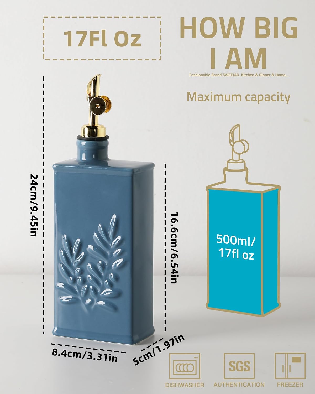 Sweejar Ceramic Olive Oil Dispenser Bottle for Kitchen, 17 Oz Relief Opaque Oil and Vinegar Dispenser Bottle with Spout, Suitable for Soy Sauce, Coffee Syrup, Liquids (Fogblue) 17 Oz(Gold Spout) Fogblue