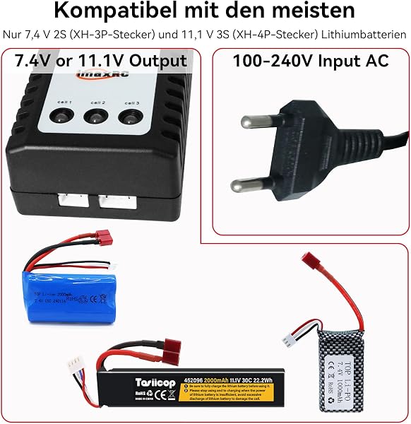 Tosiicop Caricatore Lipo B3, 10 W, per batterie 2S 3S (7,4 V, 11,1 Volt) RC Car Balancer Caricatore con spina XH3P e XH4P per RC Auto Drone Boat Airplane Monstertruck Quadcopter Airsoft - 4