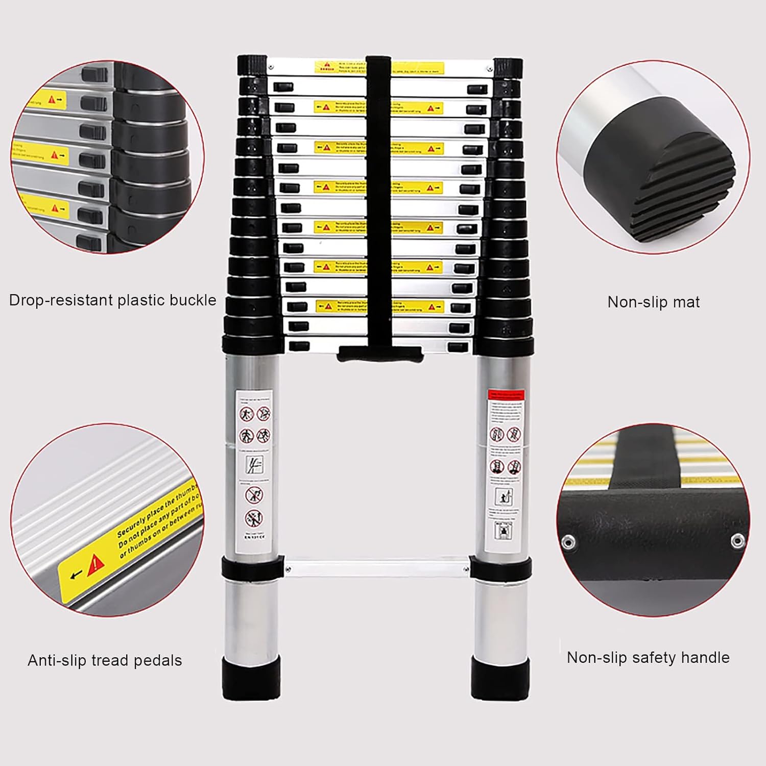 Multifunctional Aluminium Telescopic Ladder with Non-Slip Feet and Stabilizing Hook, Portable Folding Telescopic Ladder for Home and Outdoor Work, Load 150kg/330lb