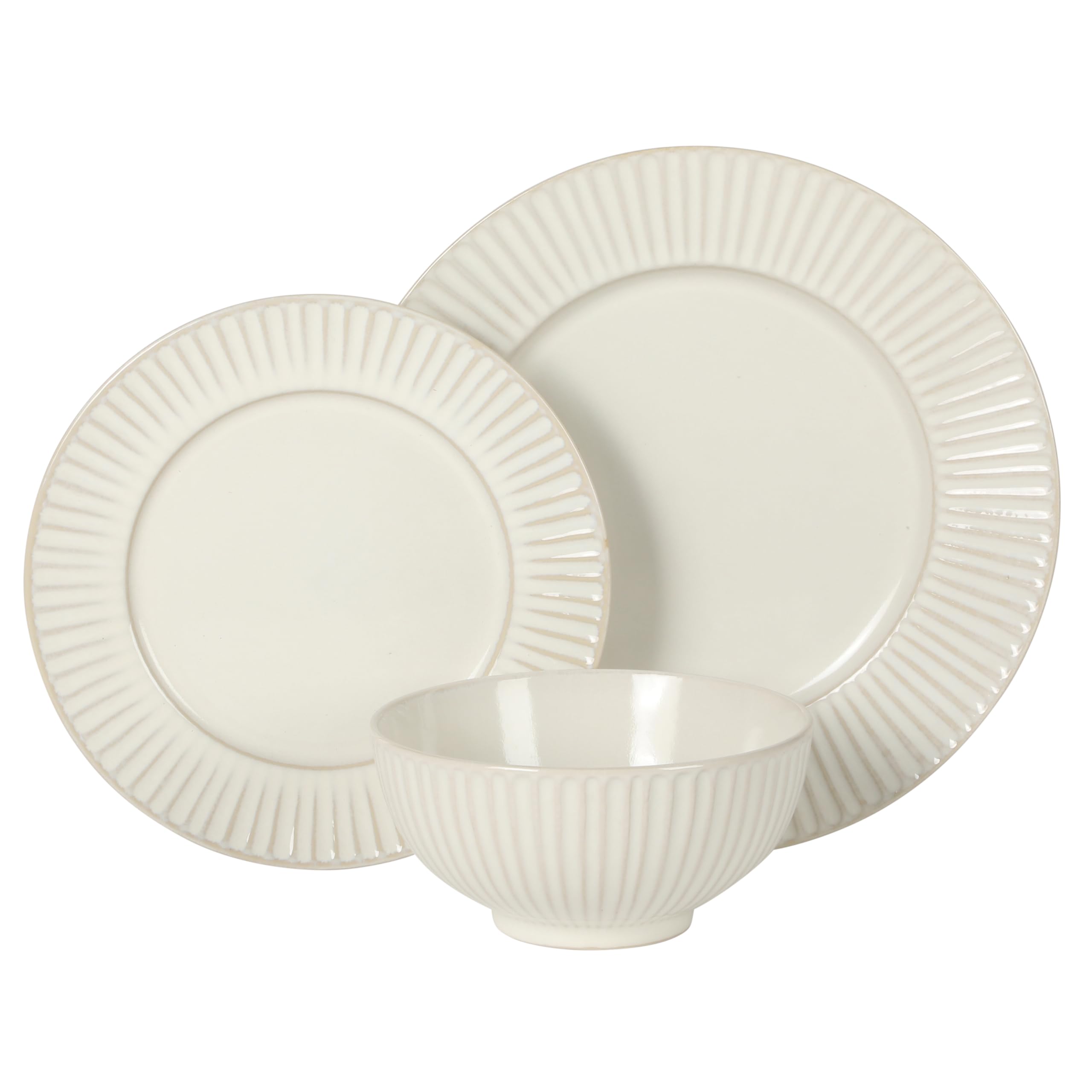 Gibson Elite Soleil Geschirr-Set aus Steingut, für 4 Personen, Teller und Schüsseln, Leinen, Weiß, 12-teiliges Set mit Speisetellern, Salattellern und Schüsseln