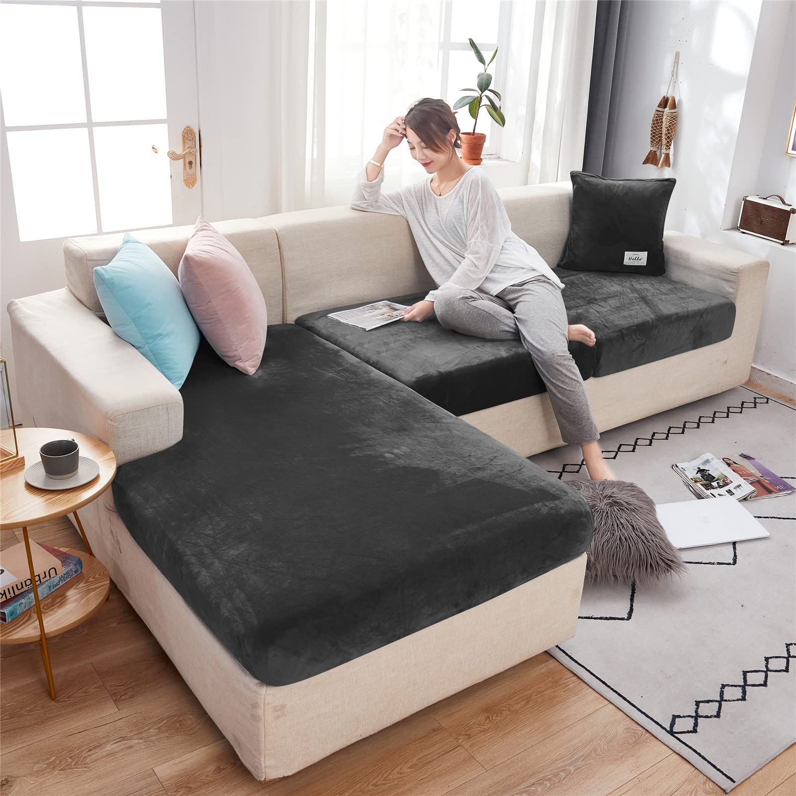 BXFUL Sofa Zitkussen hoezen, Sofa Kussenhoezen, Stretch Fluweel, Bank Kussenhoezen Vervanging voor individueel kussen met elastische stof (1-zits, Lichtgrijs