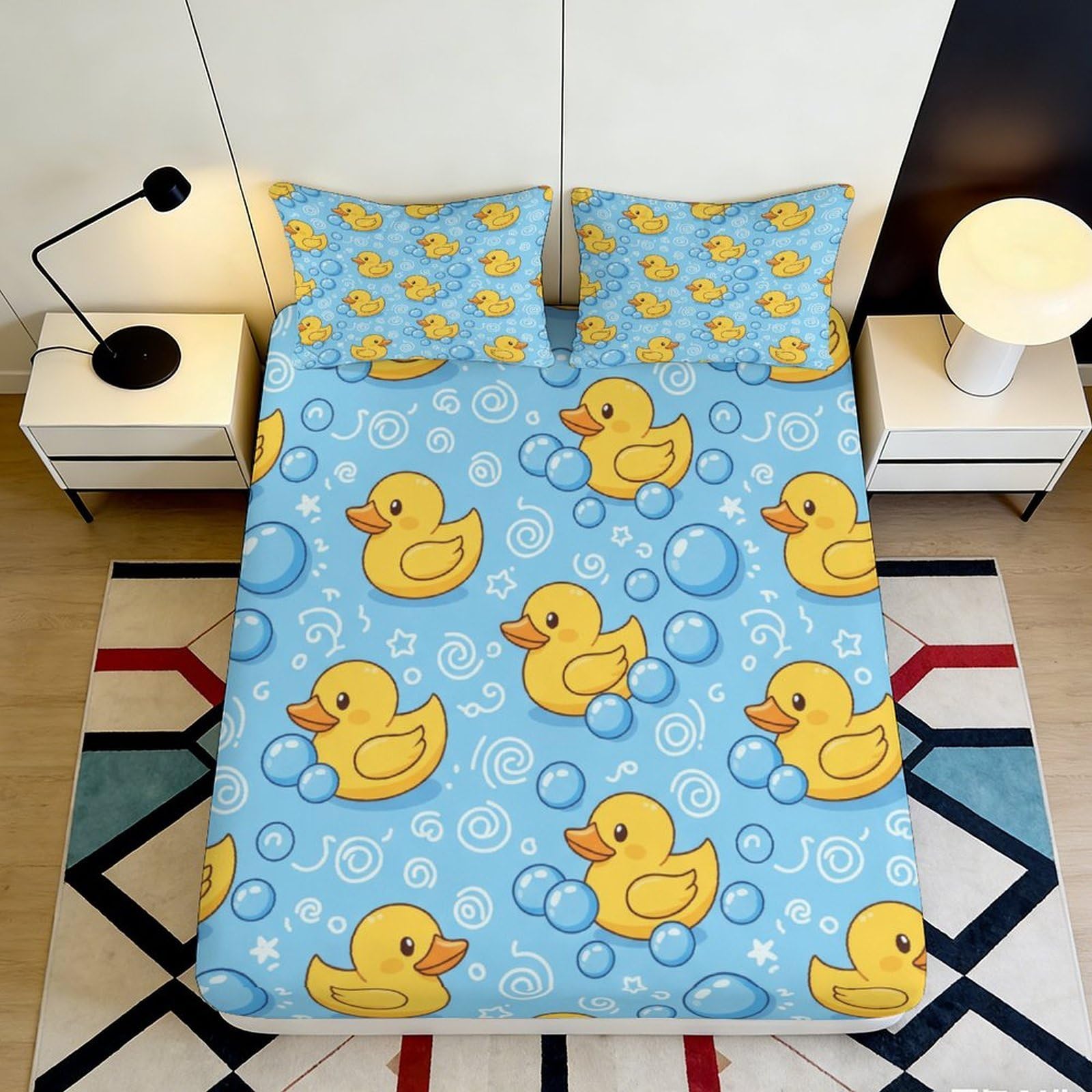 3D Printed Yellow Rubber Duck Fitted Sheet Microfiber Blue Bubble Mattress Cover Anti-Slip Washable Bedroom Decor 120x200x25cm