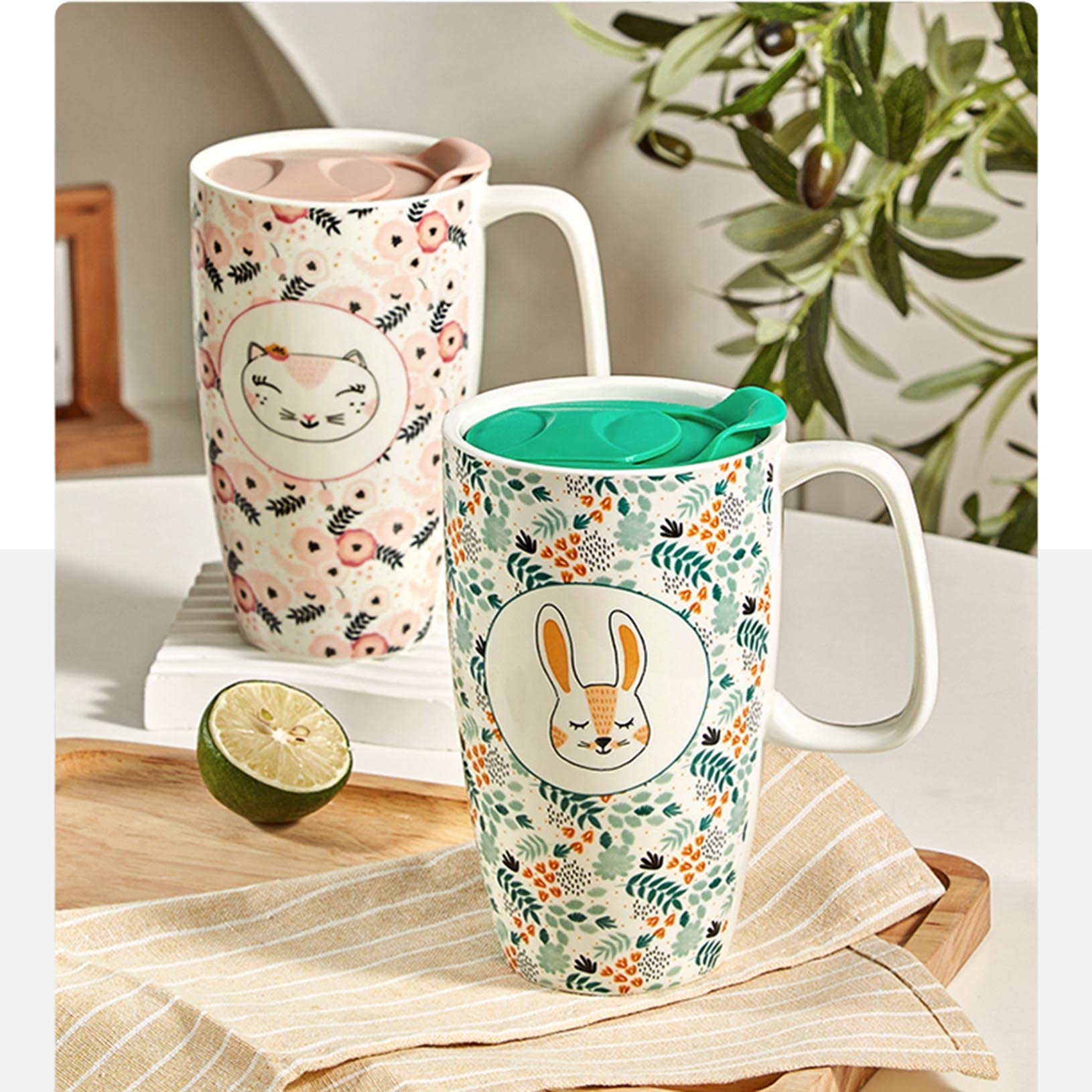 Ceramiczny kubek duży kubek do kawy, wysoki kubek podróżny, porcelana, filiżanka do herbaty latte, filiżanka z pokrywką 20 oz – piękny wybór na prezent ślubny lub prezent walentynkowy, zielony, 600 ml