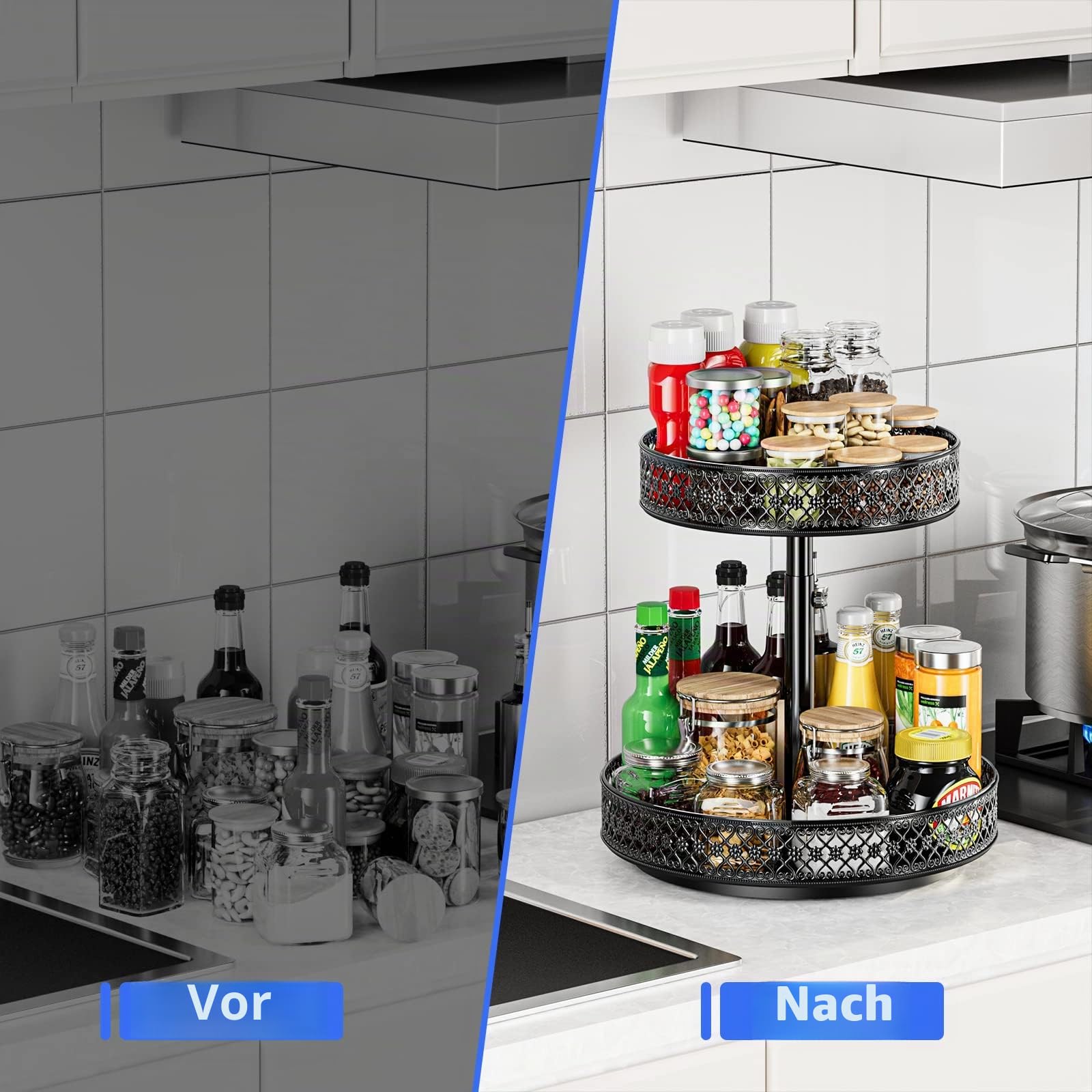 Ovicar Lazy Susan Organizer mit 2 Etagen, Drehteller, Gewürzregal, 30,5 cm, verstellbar, Metall, drehbar, Lazy Susan für Schrank, Speisekammer, Küche, Arbeitsplatte, Esstisch, Schrank, Badezimmer,