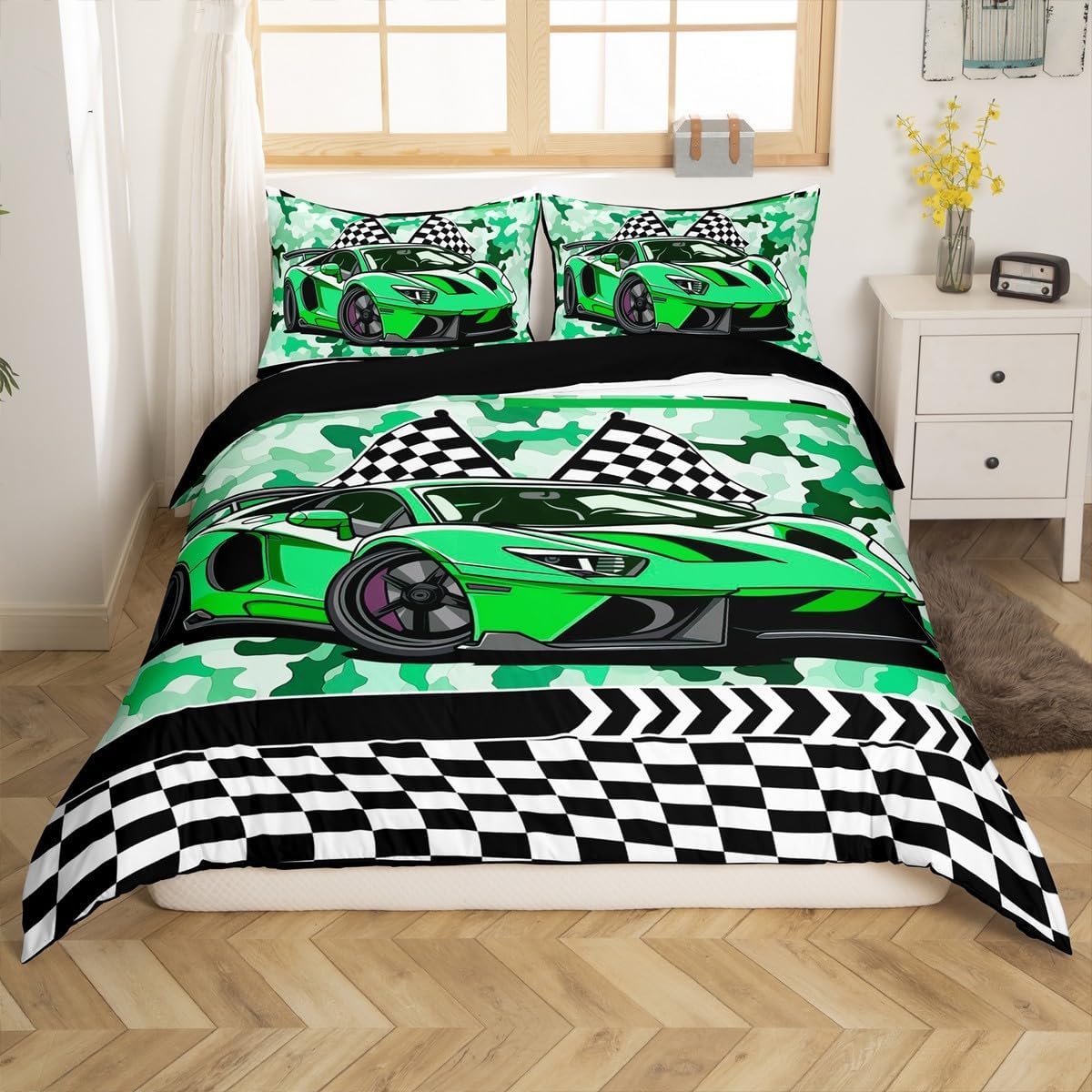 jejeloiu Sports Car Comforter Cover Set Green Camo Race Car Bedding Set for Kids Boys Extreme Sports Duvet Cover Cool Speed Luxury Car Bedspread Cover Bedroom Collection 2Pcs Toddler,No Comforter