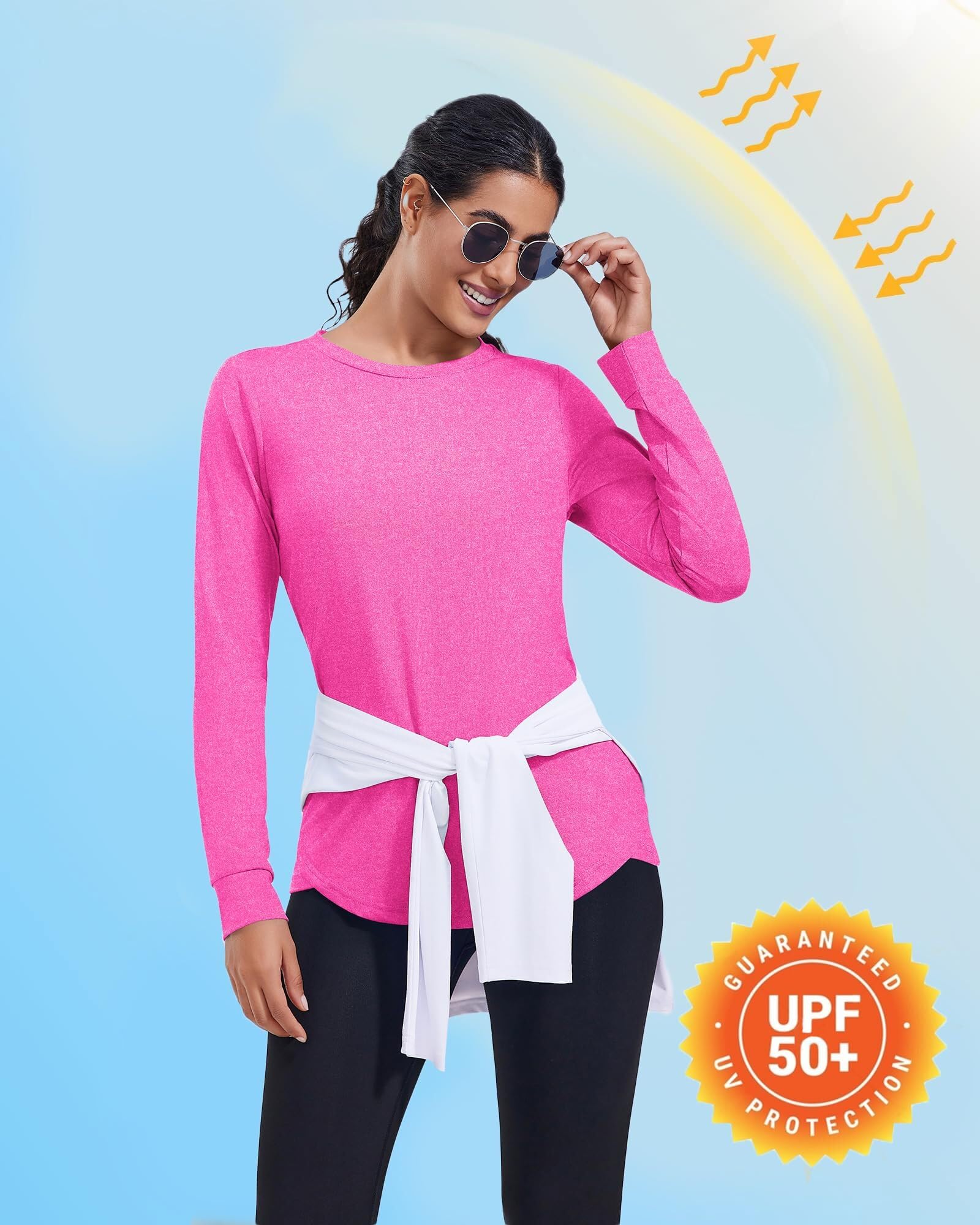 Vantor Damskie koszulki na siłownię T-shirt sportowy z długim rękawem UPF 50+ Ochrona UV Top do jogi do biegania Topy z okrągłym dekoltem Luźny krój do ćwiczeń