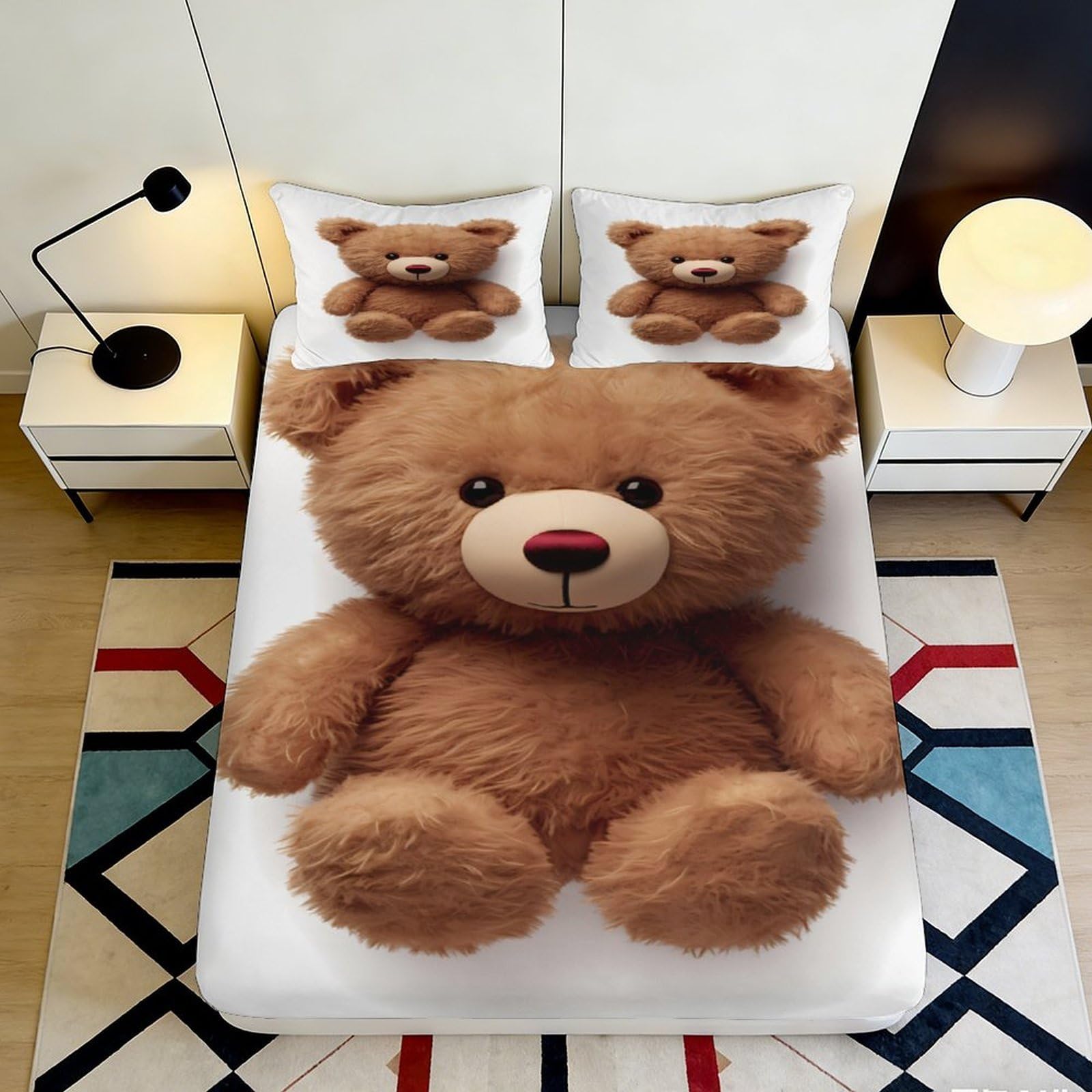 3D Printed Cute Teddy Bear Fitted Sheet Microfiber Soft Breathable Cartoon Plush Bed Cover for Bedroom Dorm Decor 90x200x25cm