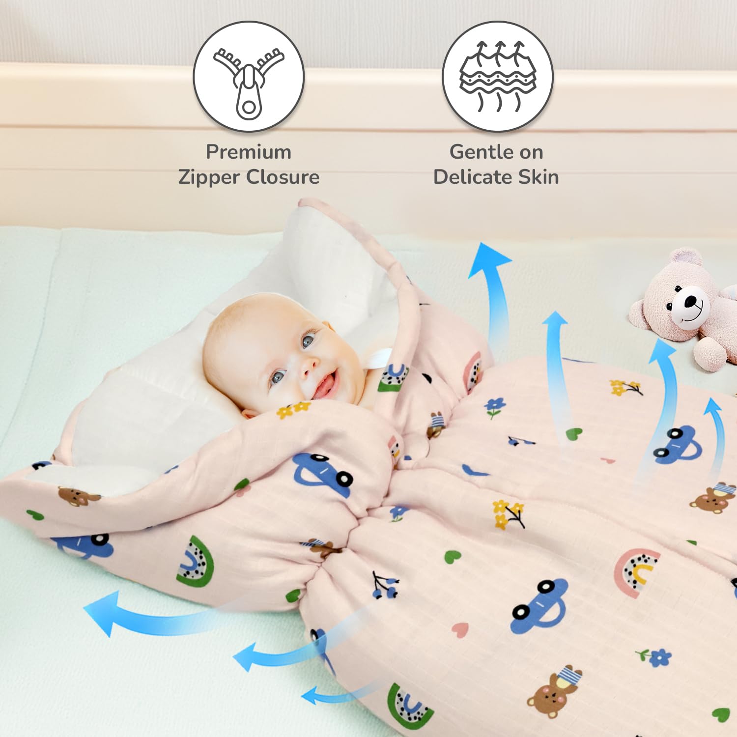 R for Rabbit Snuggy Bliss Baby Sleeping Bag Bedding Set | Premium 100% Muslin Cotton Carrying Nest for New Born Babies & Infant | Travel Friendly for 0-6 Months Baby Girl and Boy (Teddy Pink) - Image 2 thumbnail