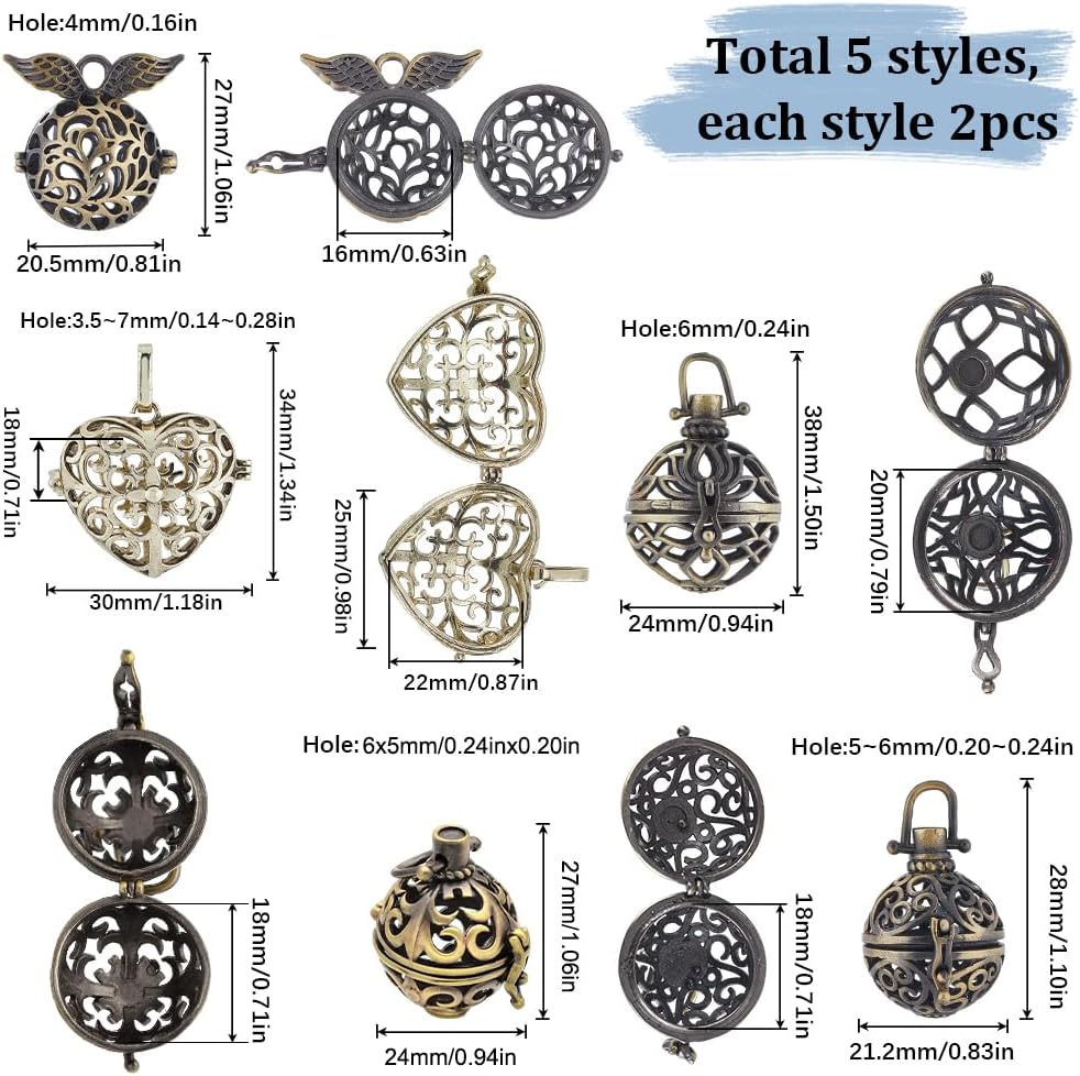 SUNNYCLUE 10Pcs Cage Charms Chakra Healing Stone Necklace Holder Bead Cage Pendant Filigree Cage Locket Charms Brass Cage Charm Vintage Openable Heart Chime Ball Charms for Jewelry Making Charms