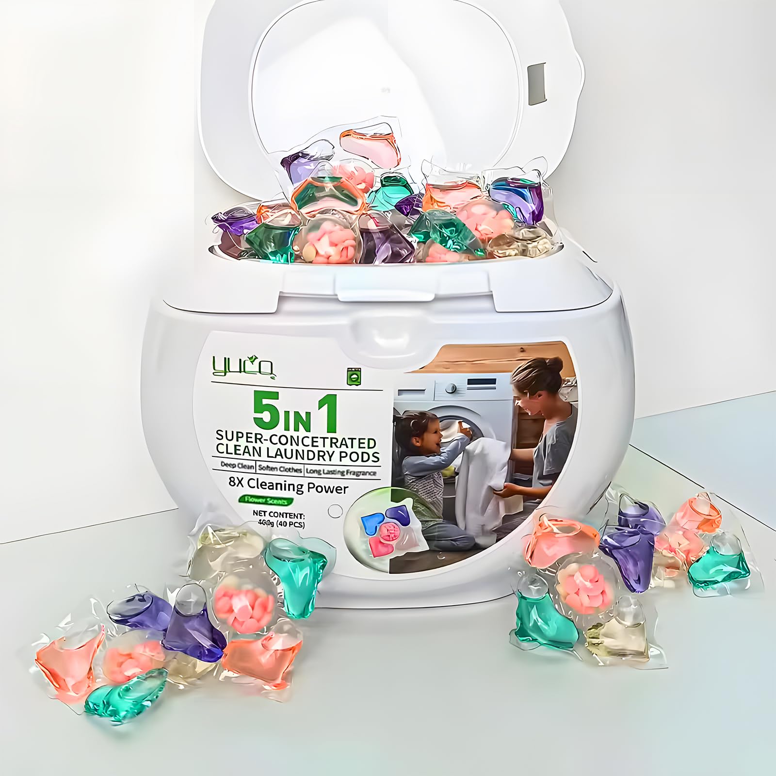 YUCO Pods Laundry Detergent Hypoallergenic,Powerful 5IN1 Detergent Pod,Scent Beads New Formula,Helps to Keep Garment Fresh Clean,Soft and Fragrant (Floral Ocean,1 Box of 40 Pod,Net 8g/pod,Net 320g)
