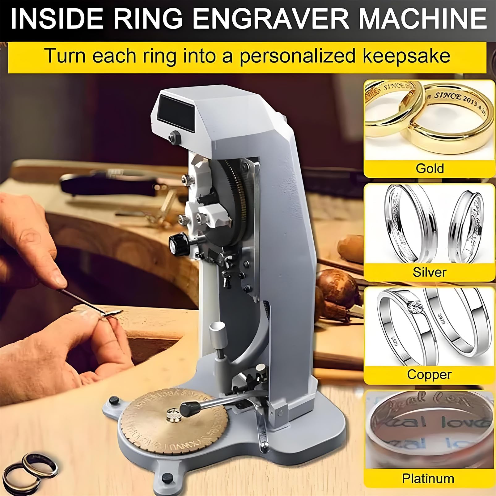 Maszyna do grawerowania biżuterii, ręczny grawerunek wewnętrzny 360°, blok liter 1,5-2,0 mm, idealny do obrączek ślubnych, kompaktowa konstrukcja (42 x 33 x 26 cm)
