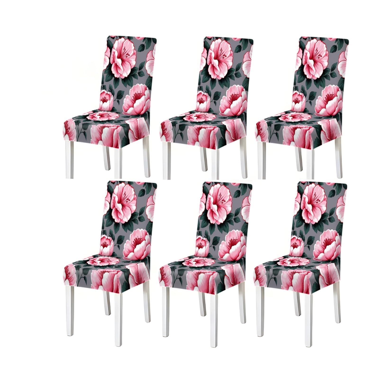 BOSUYBN Grey Pink Peony Floral Pattern Print Dining Chair Covers Set Of 2/4/6, Stretch Slipcovers For Kitchen Dining Room Furniture Protectors for Home Dining Room(6PCSChair cover)