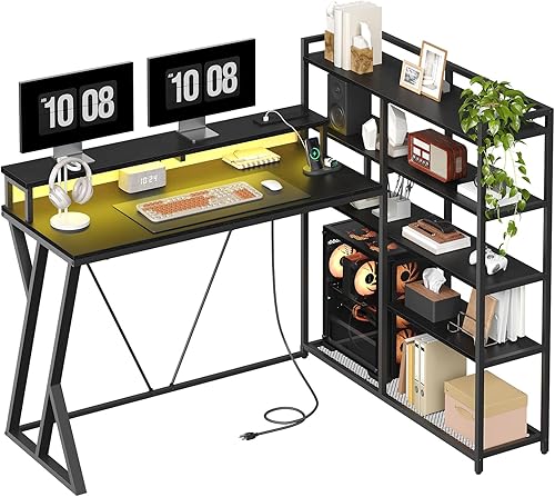 Miniatura 7 de Escritorio para juegos en forma de L con estantes de almacenamiento de 5 niveles, escritorio reversible en forma de L de 53 pulgadas con toma de