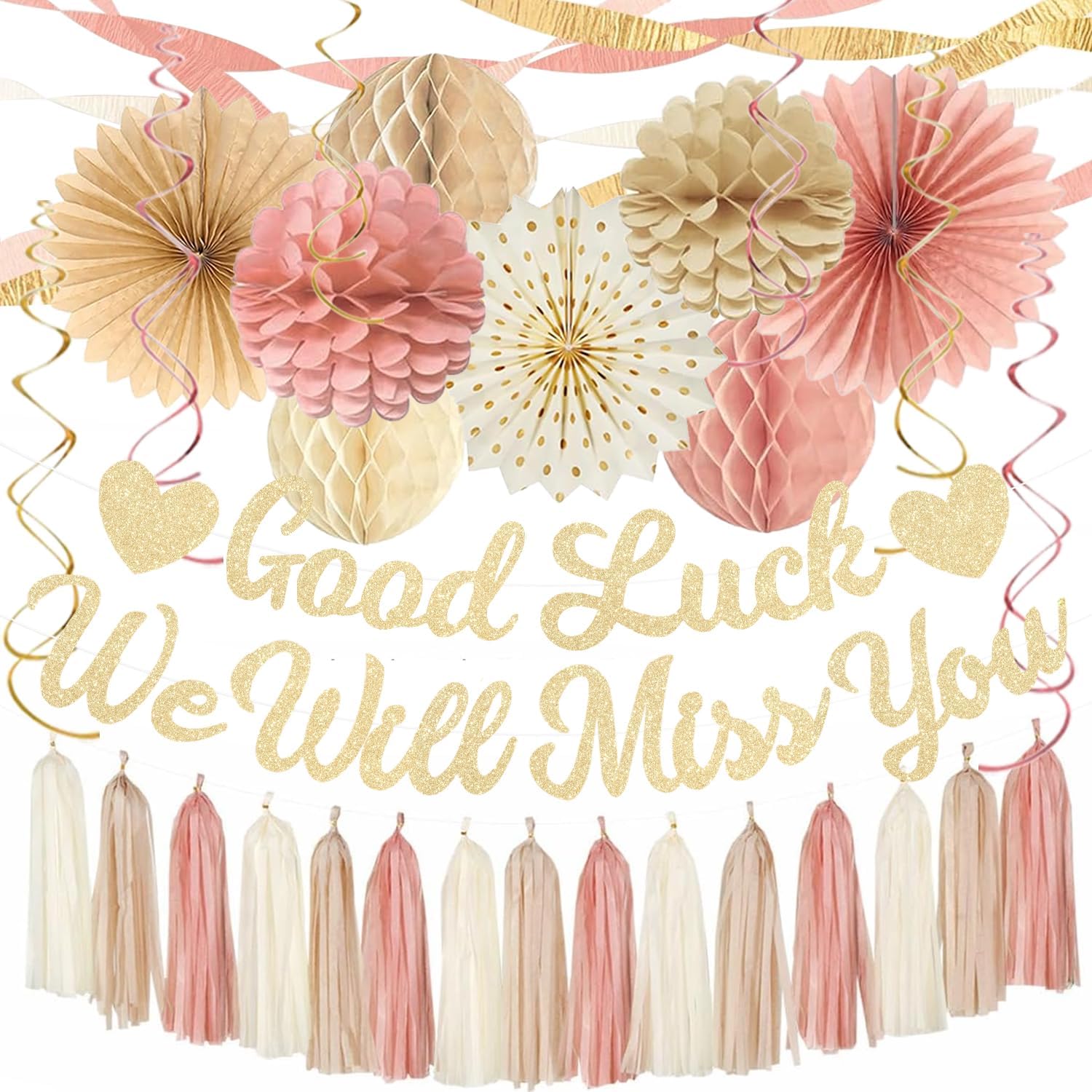 Boho Pink Farewell Party Decorations Women, Good Luck We Will Miss You Banner Crepe Paper Streamers Honeycomb Balls Tassel Garland For Going Away/Leaving/Retirement Party Décor, Coworker Goodbye Party