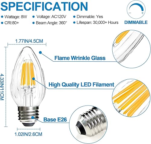 Miniatura 2 de LangPlus+ F15 - Bombilla LED regulable de 8 W, base E26 de 2700 K, luz blanca cálida de vidrio arrugado para lámpara de techo para ventilador de