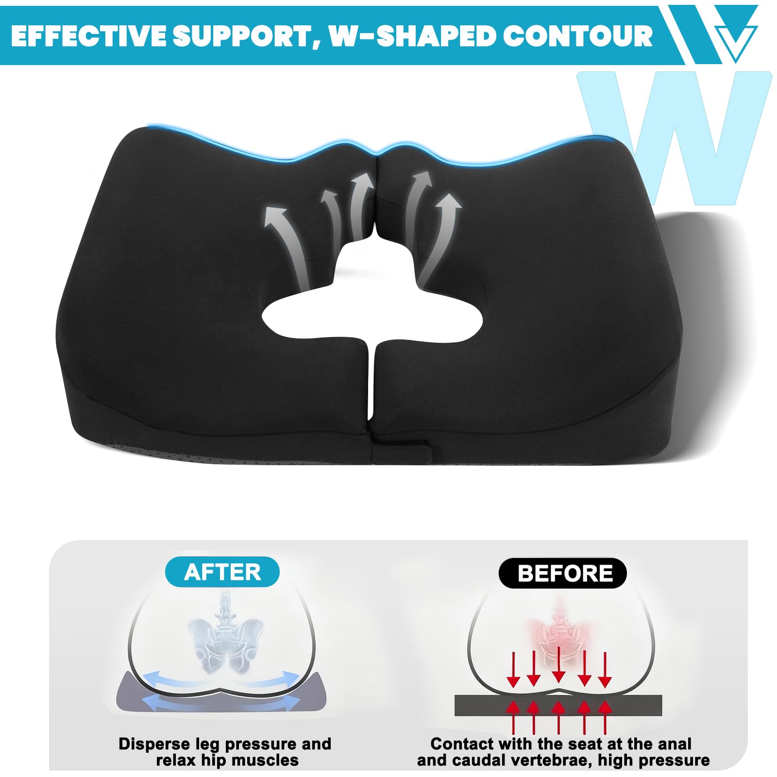 Almohada de dona de 4.5 pulgadas para dolor de coxis, almohada 100% de espuma viscoelástica para aliviar la presión, cojín grueso antiescaras - Almohada de apertura en forma de T - Gris oscuro