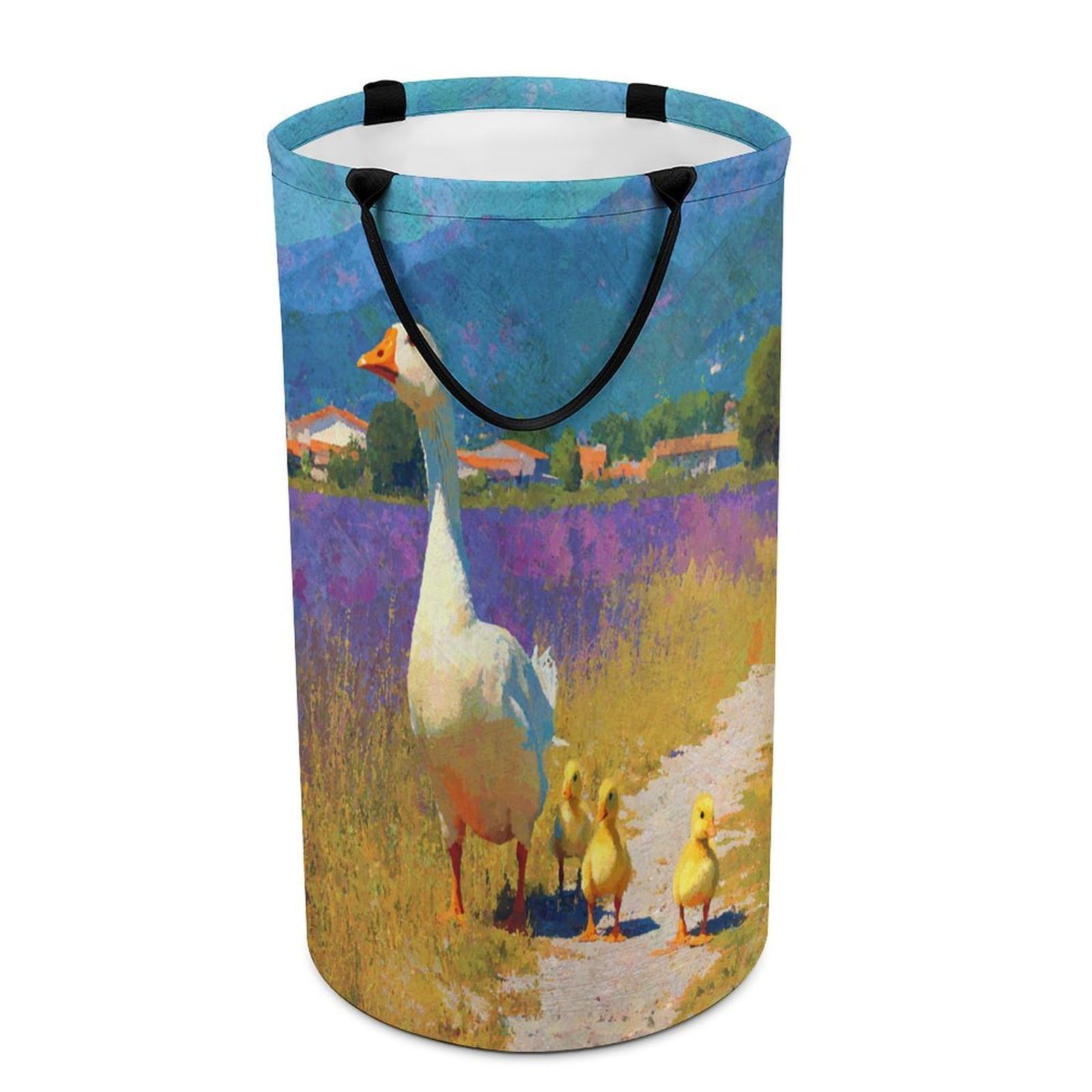 LUYYSKY Beautiful Fantasy Cute Duckling Collapsible Dirty Clothes Basket, Rustic Watercolor Farm Lilac Lavender Field Animal Duck Portable Clothes Storage Basket
