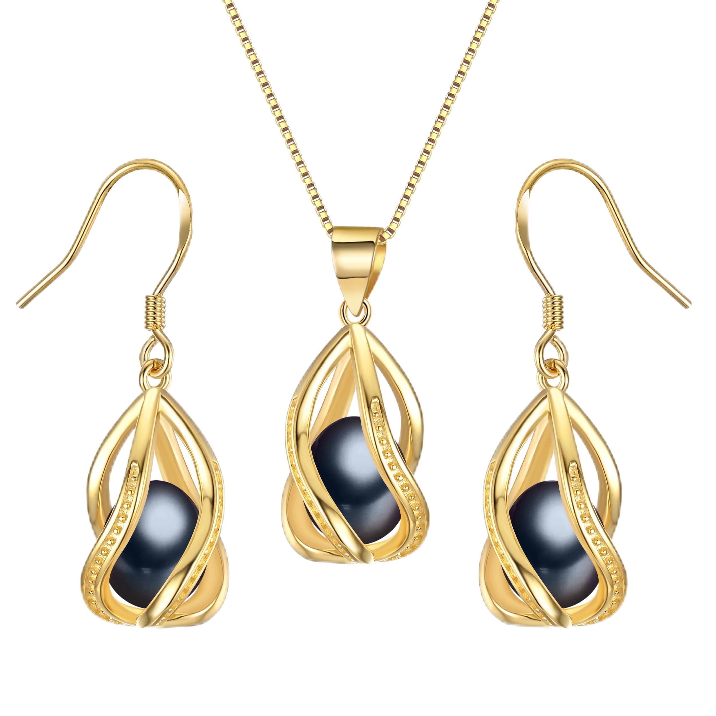 HENGSHENG Pearl Jewelry Set For Women S925 Sterling Silver/14K Gold Plated Necklace & Earrings Set Freshwater Pearl Pendant Cage Set for Wedding Anniversary Prom Birthday Gift