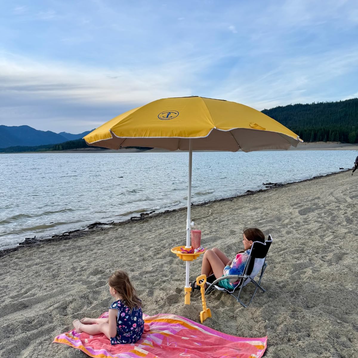 Anchor Works All-In-One Classic Beach Umbrella System - Secure & Wind-Resistant with Heavy-Duty Patented AnchorONE Sand Anchor, 7ft UPF 50+ Umbrella, Convenience Tray, Sand Spade & Carry Bag - ASTM F3681-24 Compliant