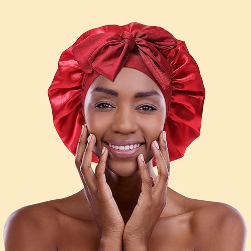 Miniatura 7 de Gorro de satén para mujer, con banda de amarre para el cabello, para dormir, grande de 2 capas, gorro de dormir de seda para dormir con 3 coleteros