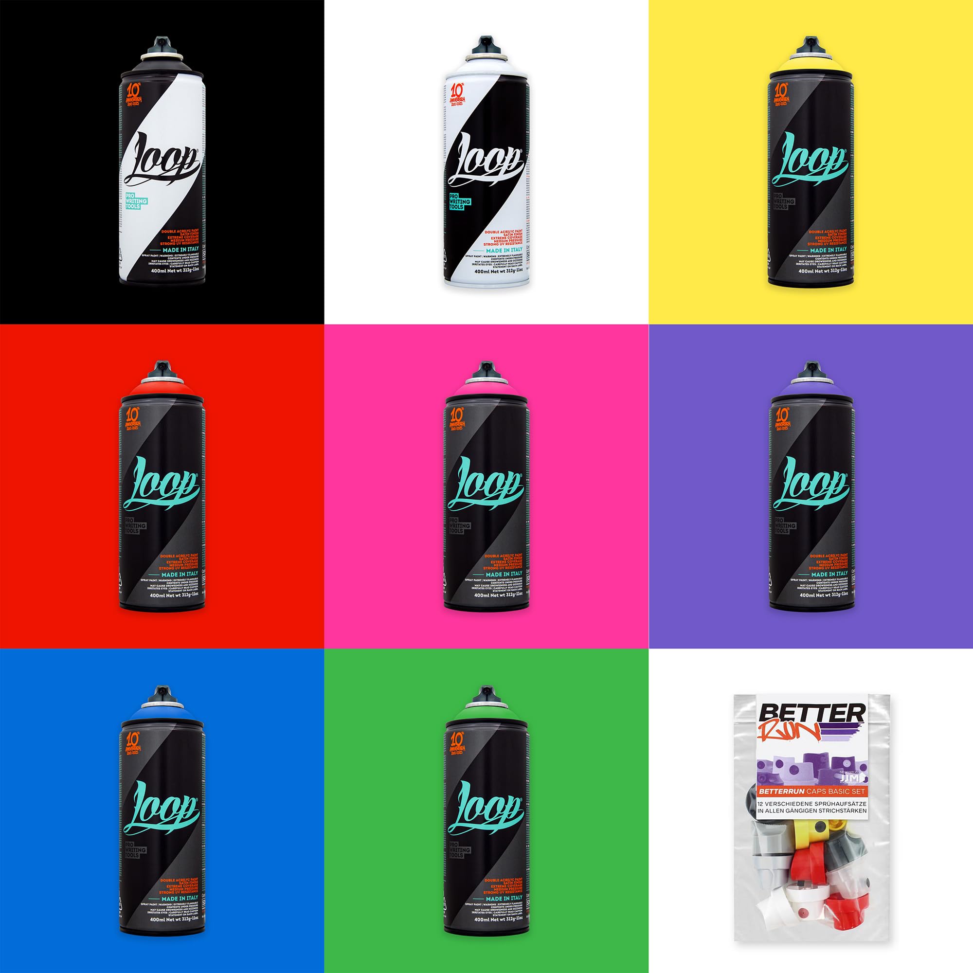 Betterrun LOOP Sprühdosen Set - Basic Farben - 8 x 400ml Acryllack + 10x Sprühaufsätze - Graffiti Spray Cans