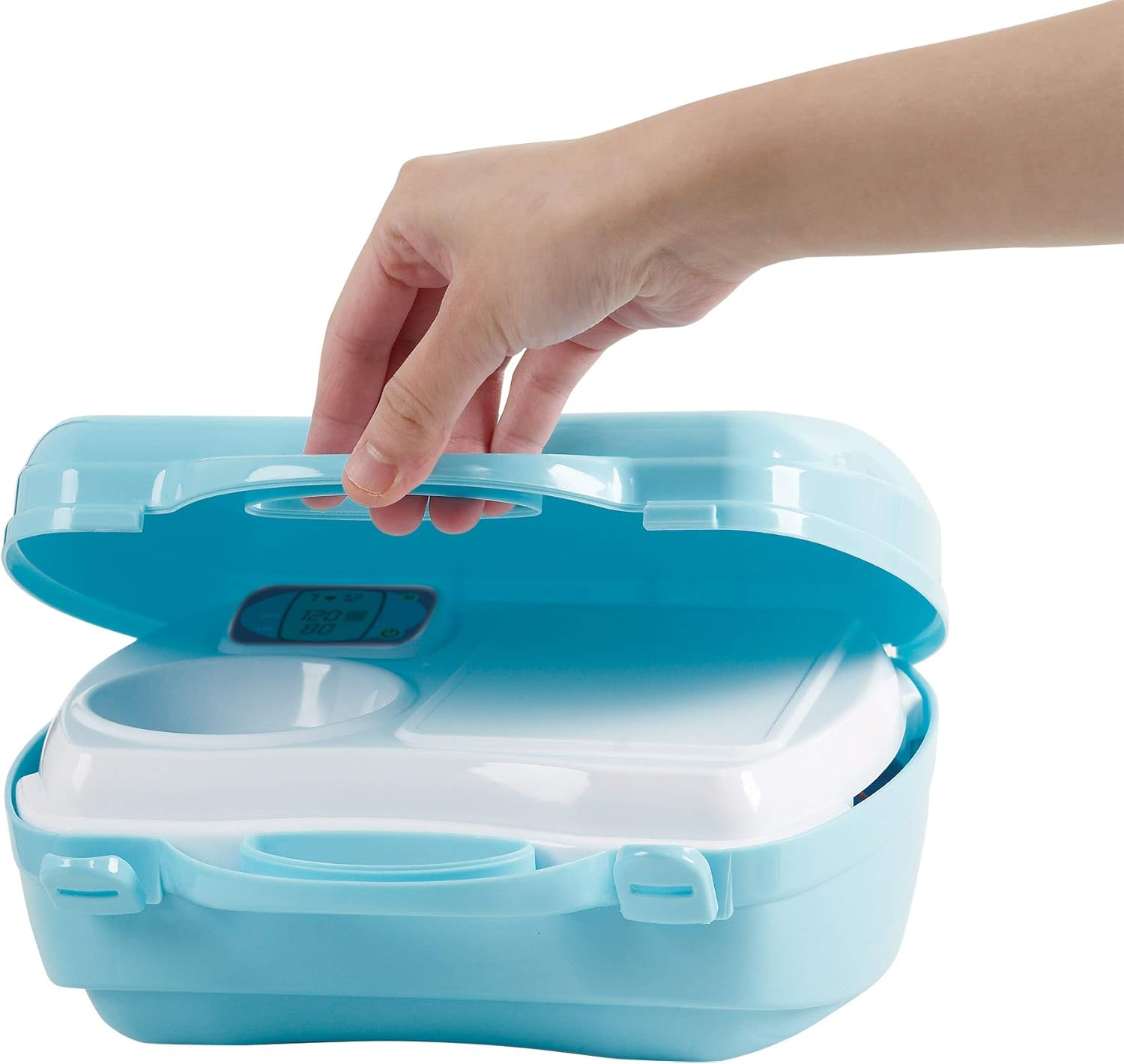 A hand carrying the closed My Carry Medical Centre Toy Doctor Kit by its handle.