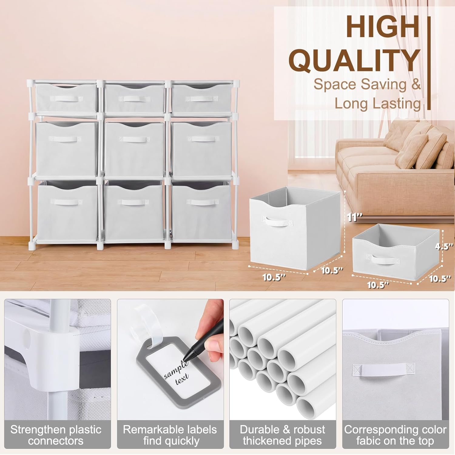 9 Cube Storage Organizer Shelf with Storage Bins and Label, 11 Inch Toy Cube Bins Clothes Closet Organizers Drawers Fabric Dresser for Living Room, Bedroom, Playroom, Dorm(White)